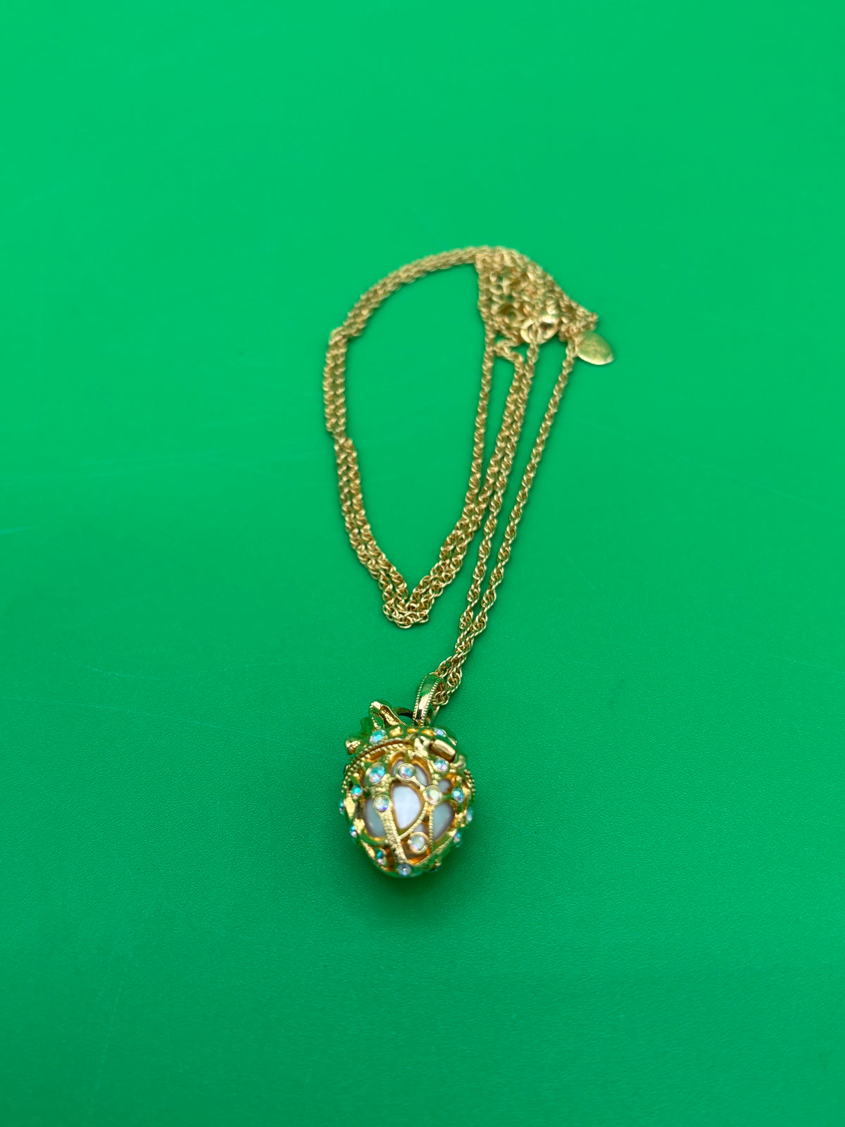 Vintage Joan Rivers Fabergé Egg Locket Necklace Gold Tone AB Rhinestones Signed