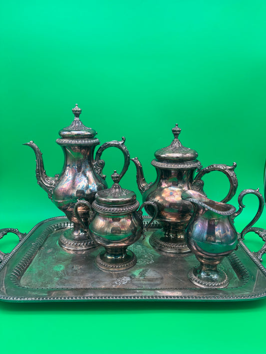 Vintage Silver Plate Tea & Coffee Set w/ Tray International Silver St James