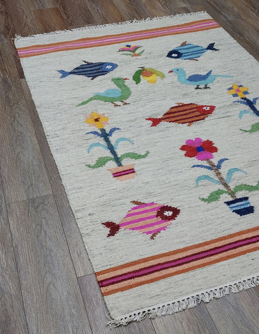 Vintage Turkish Bohemian Rug Tree of Life Fish Design Handmade 4x6 Ft Flatweave Kilim