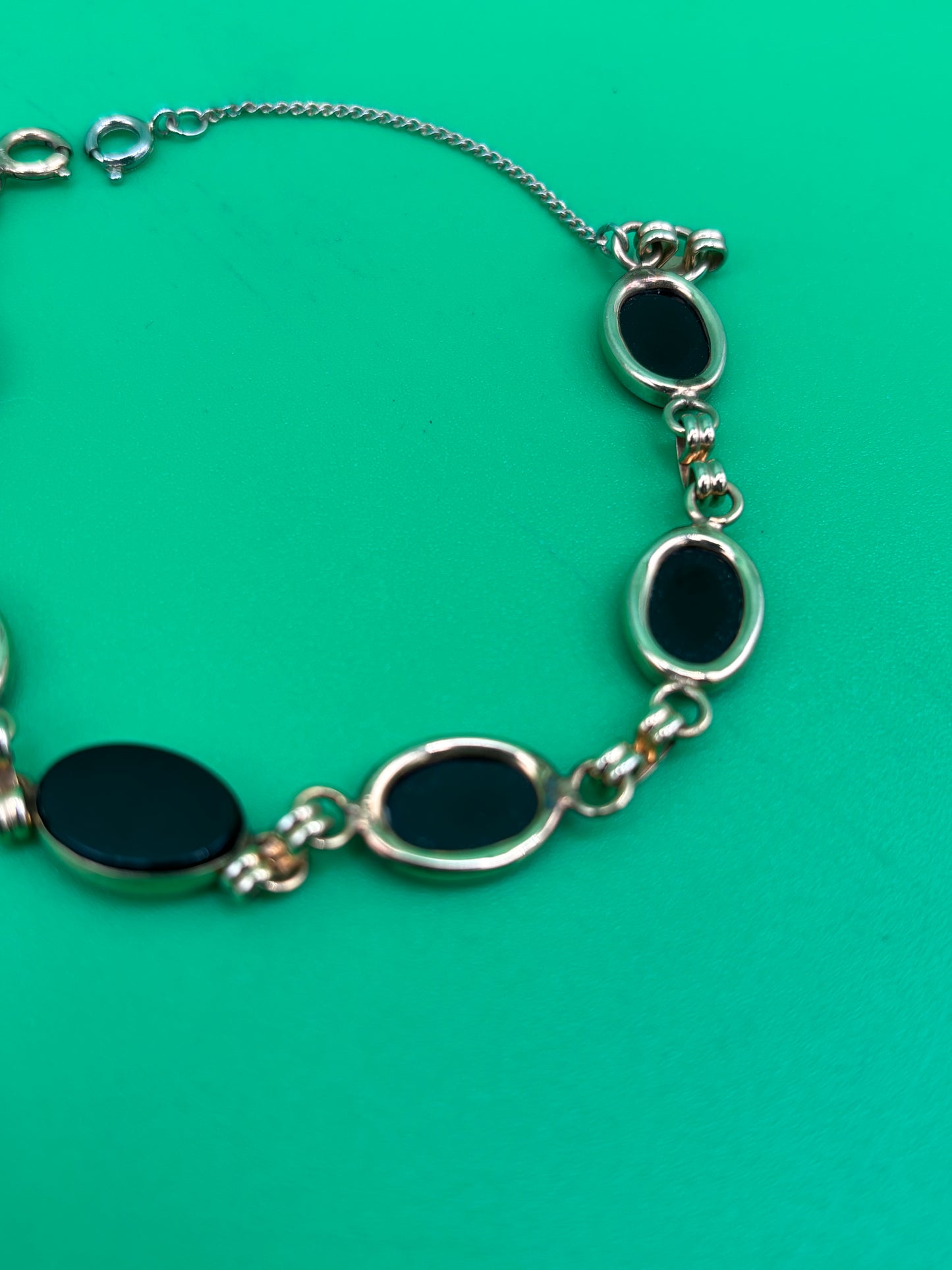 Art Deco 1/20 12K Gold Filled Black Onyx Oval Cabochon Link Bracelet 7”