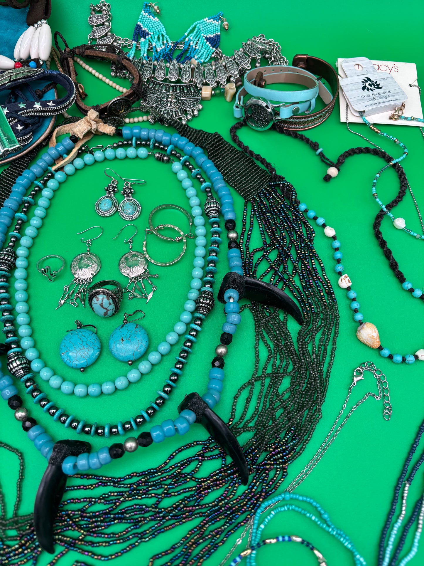 Large Boho Southwestern Jewelry Lot Turquoise Tribal Silver Tone Statement Necklaces Bracelets