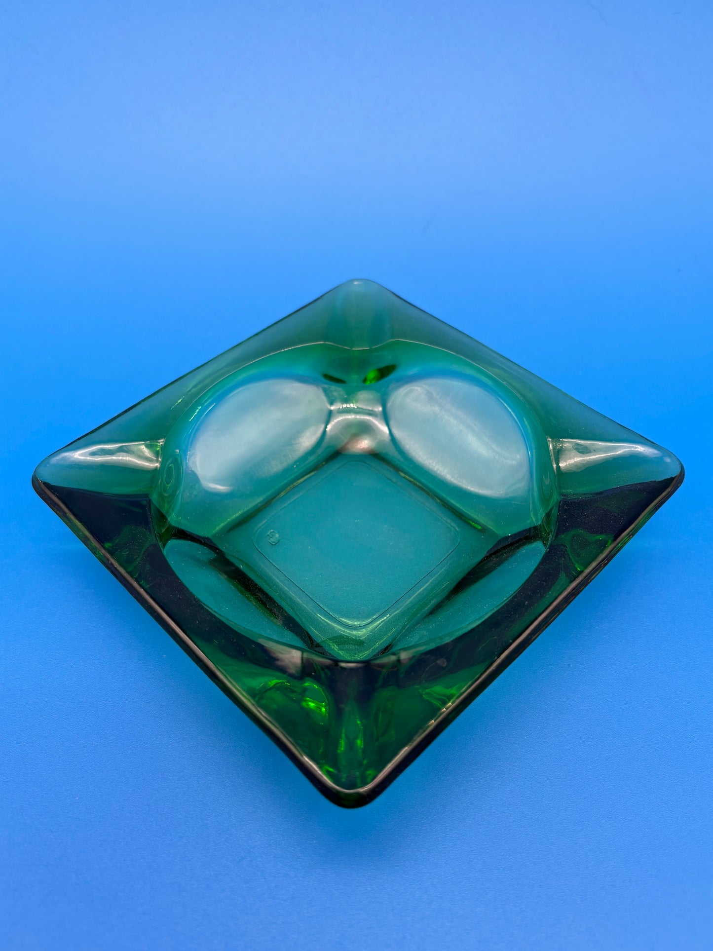 Vintage MCM Emerald Green Square Glass 4 Slot Ashtray