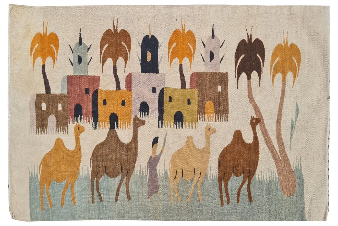 Rare Hand Knotted Vintage Bulgaria Pictorial Wool Kilim Area Rug Camel Village 4.3 x 2.6 Ft