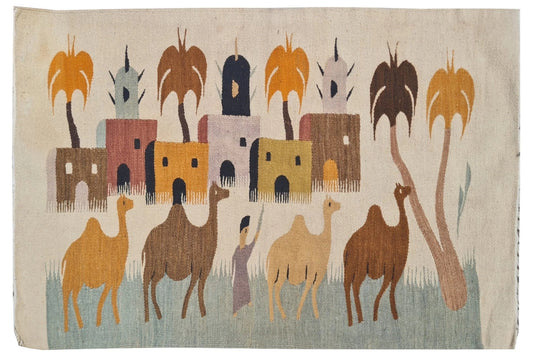 Rare Hand Knotted Vintage Bulgaria Pictorial Wool Kilim Area Rug Camel Village 4.3 x 2.6 Ft