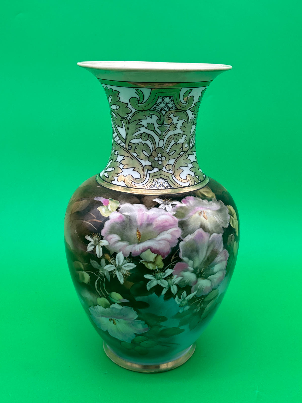 Vintage Noritake Hand Painted Japan 11” Floral Vase Pink Flowers Gold Gilt