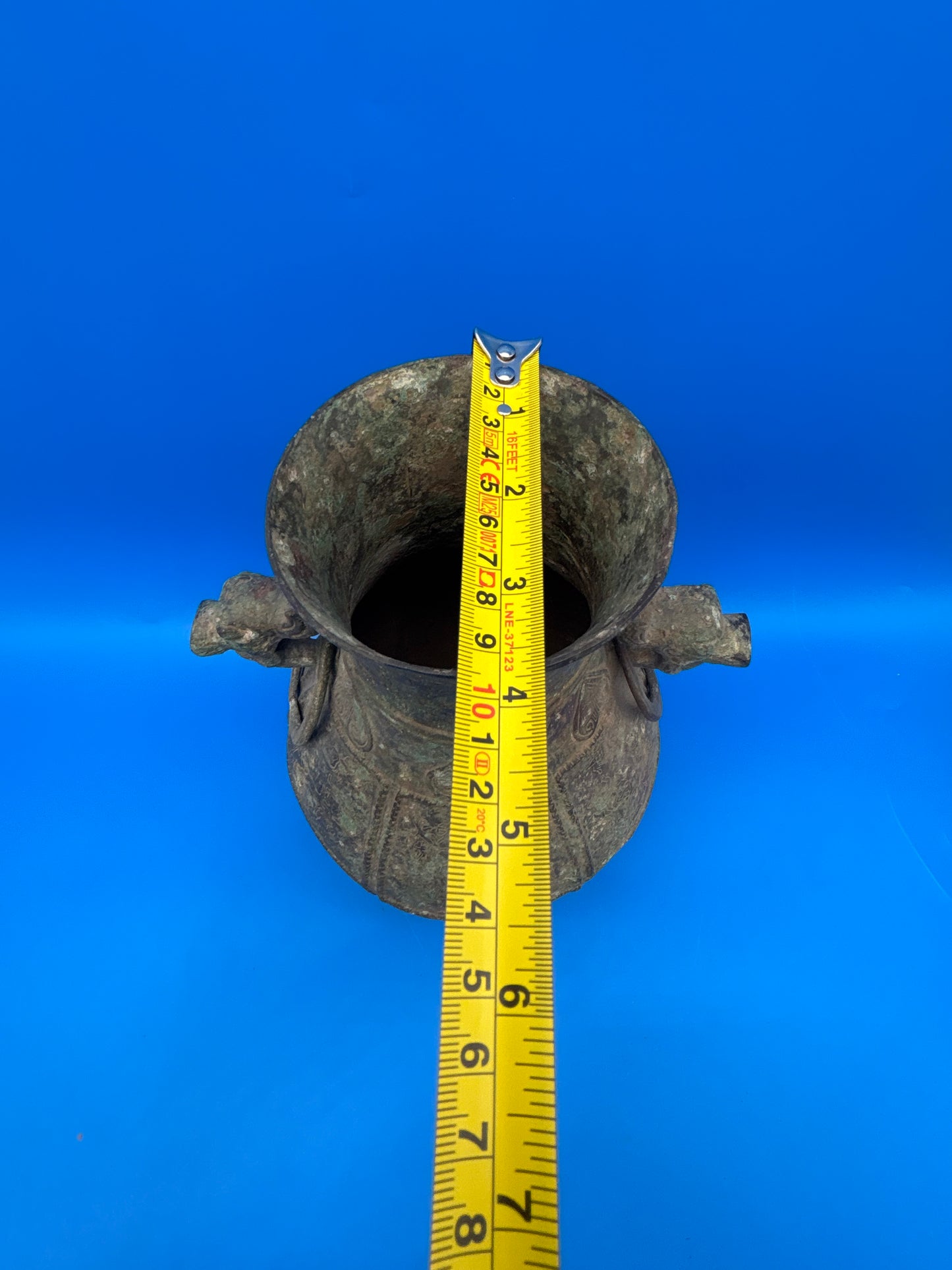 Chinese Archaistic Bronze Hu Vase Elephant Head Ring Handles Figural 11”
