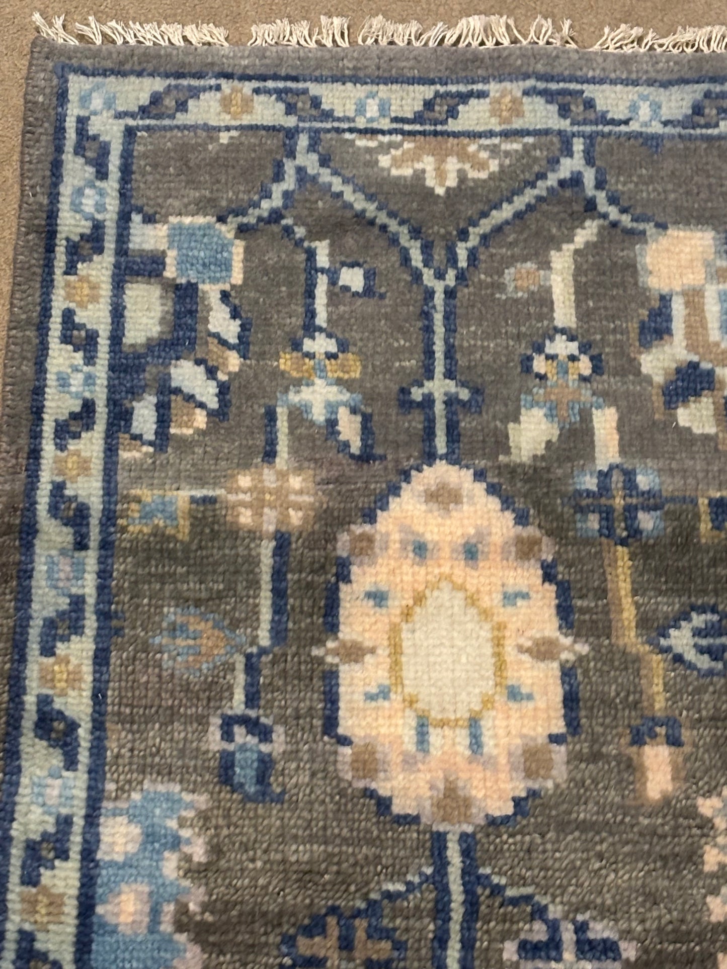 Handmade Oushak Style Wool Accent Rug 2x3 Gray Blue Turkish Floral Boho Decor