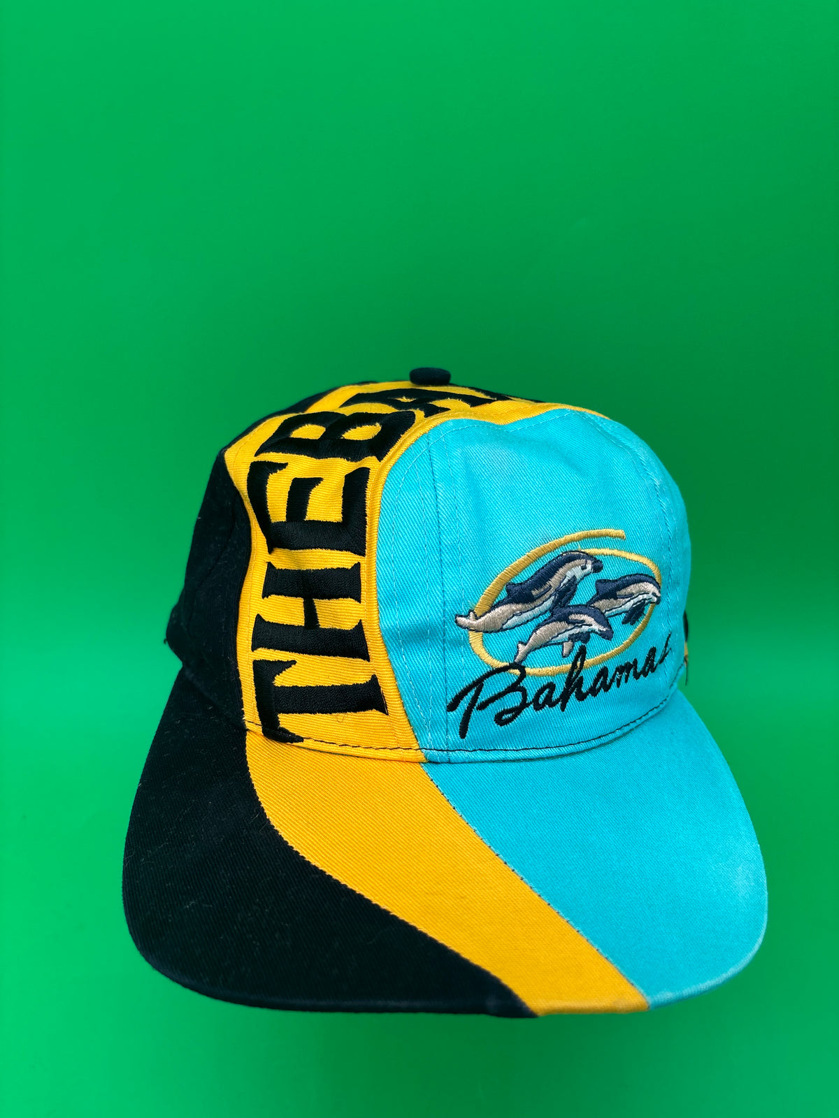 Vintage Bahamas Dolphin Hat Cap Teal Yellow Black Embroidered Spellout 100% Cotton