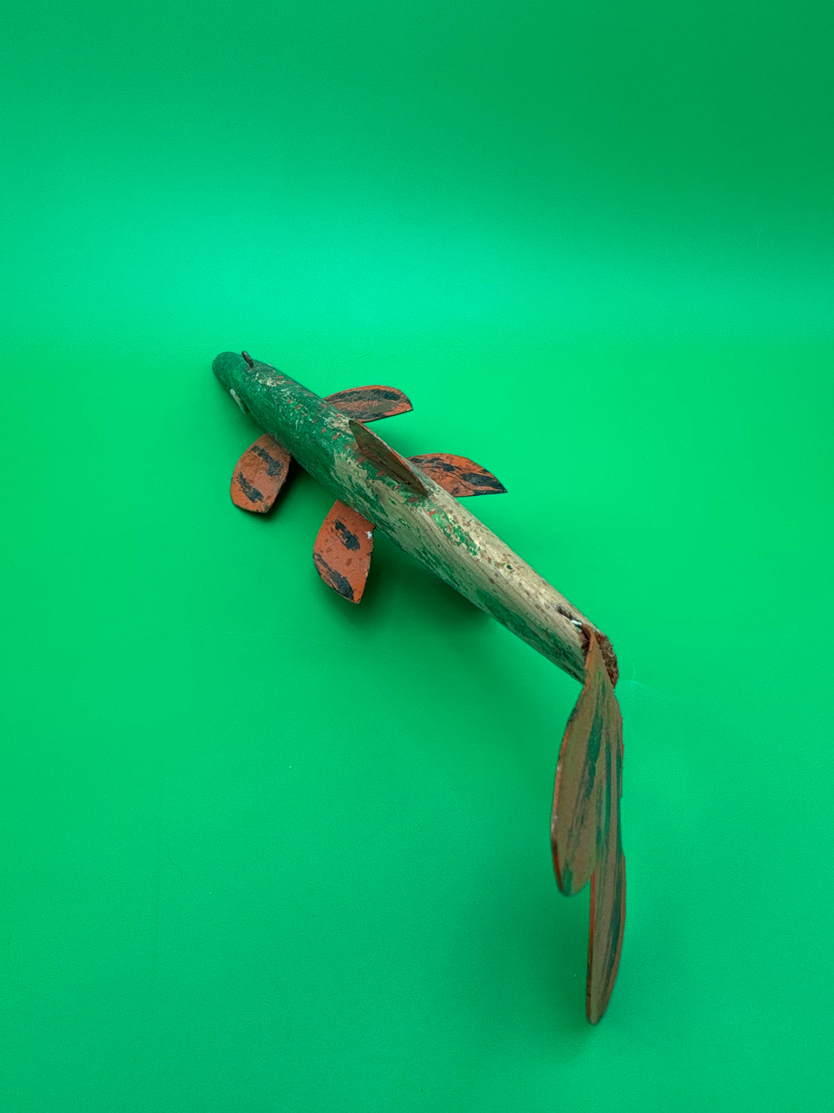 Vintage Folk Art Wooden Fish Spearing Decoy 12” Hand Carved Painted Metal Fins