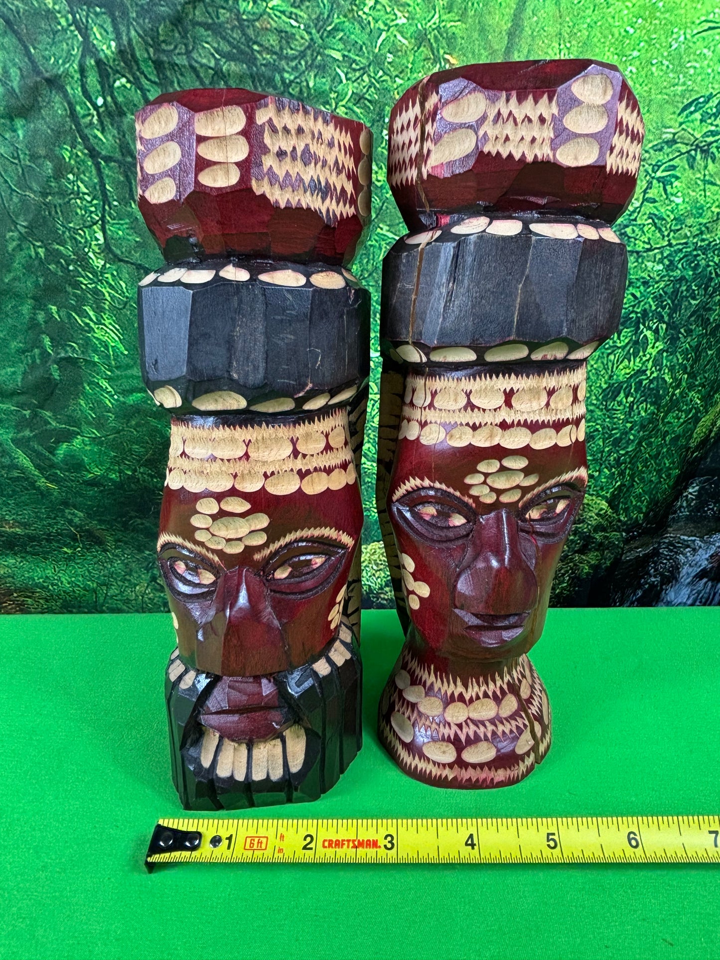 Genuine Hand Carved Jamaican Wooden Tiki Totem Head Figurines Tiki Décor Pair