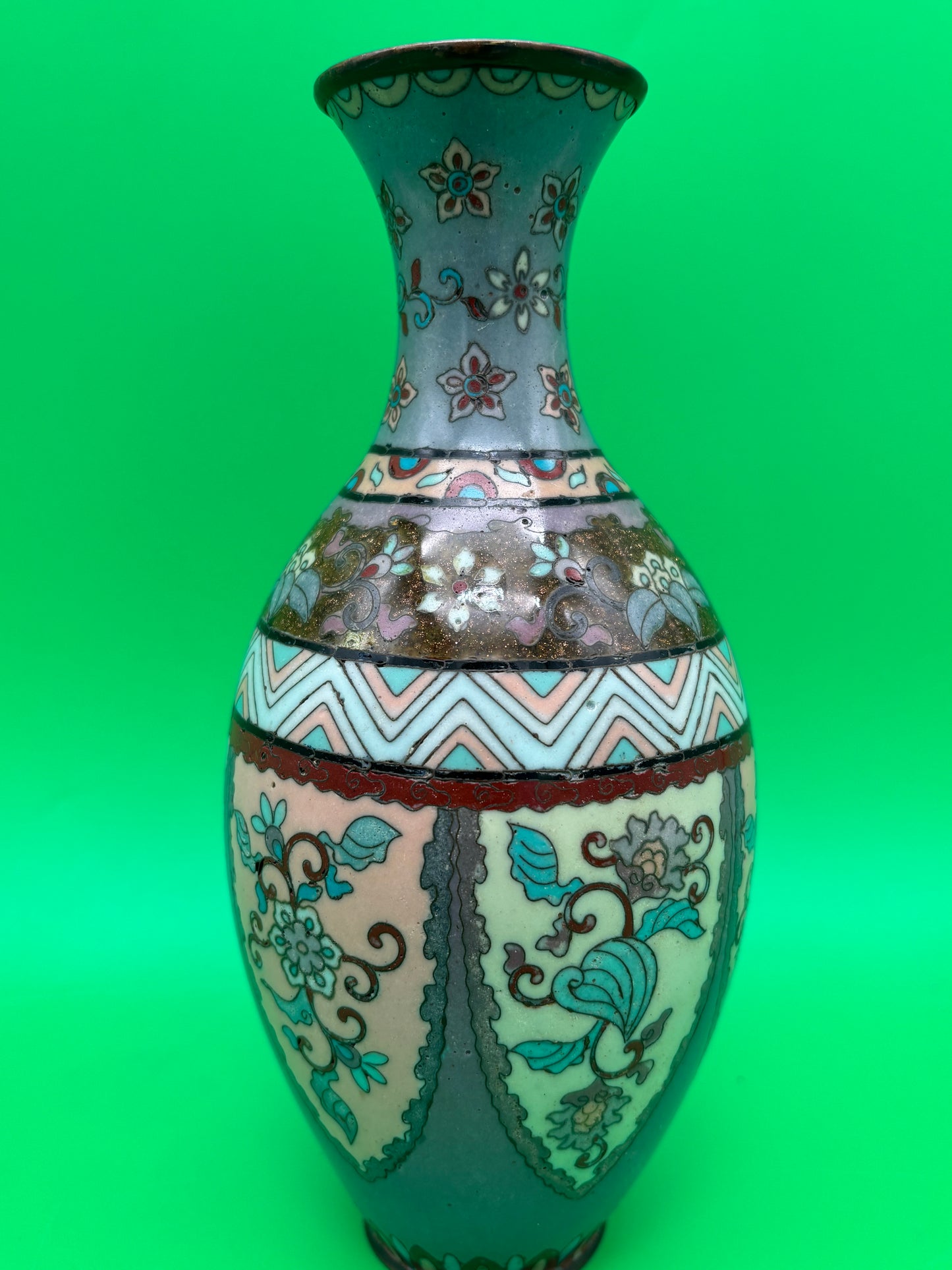 Antique Meiji Japanese Goldstone Cloisonne Enamel Pastel Floral Vase 7 1/4”