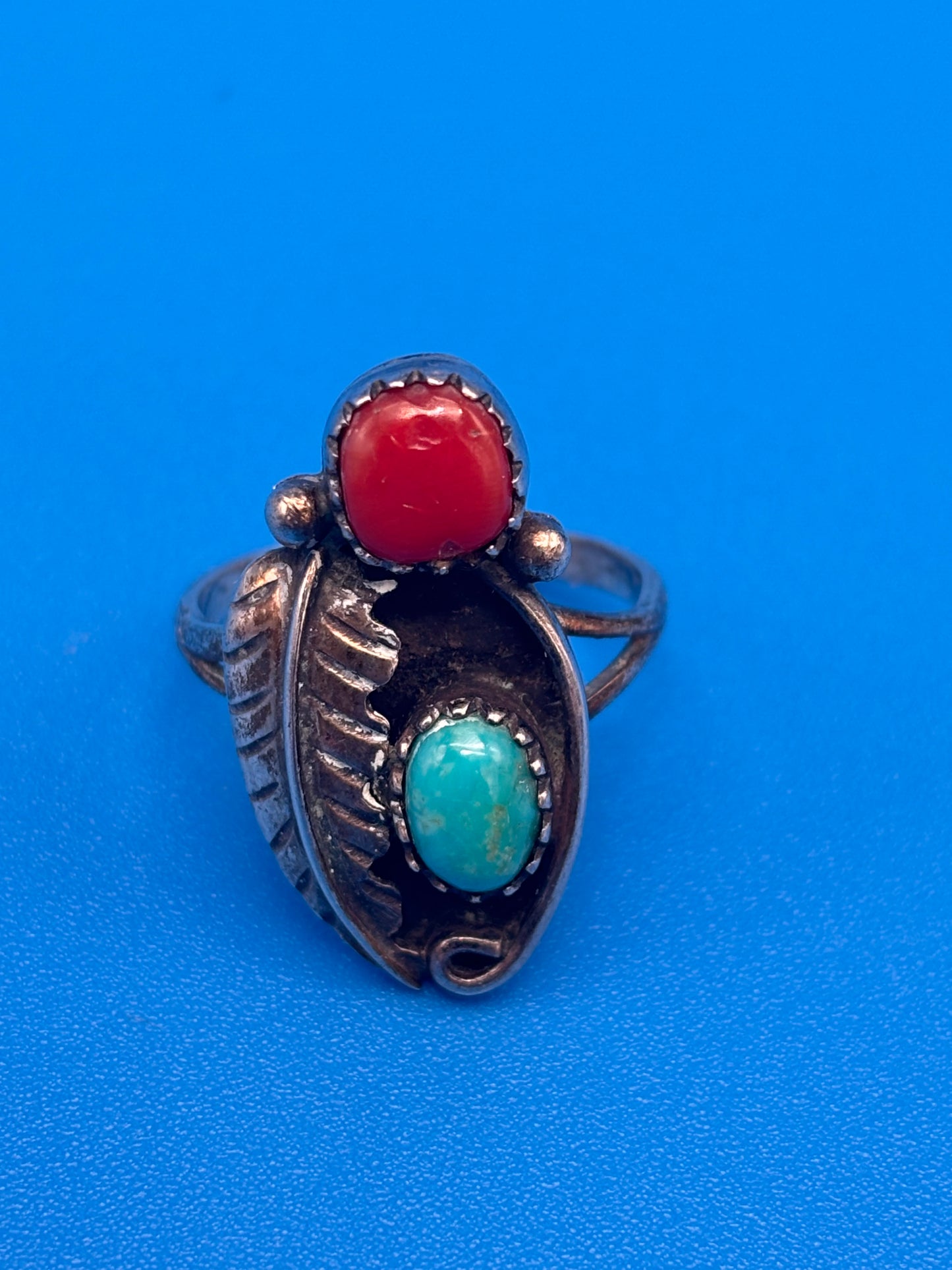 VTG Henry Mariano HM Navajo Sterling Silver Turquoise Coral Ring Size 8