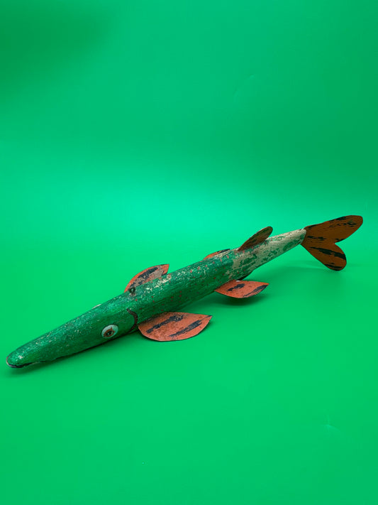 Vintage Folk Art Wooden Fish Spearing Decoy 12” Hand Carved Painted Metal Fins