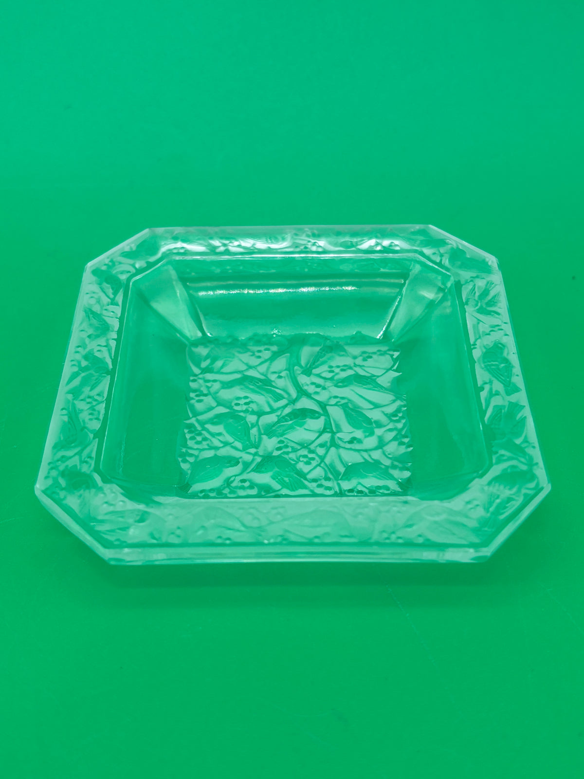 Vintage Clear Pressed Glass Ashtray Bird Berry Motif Square Trinket Dish 3.25”