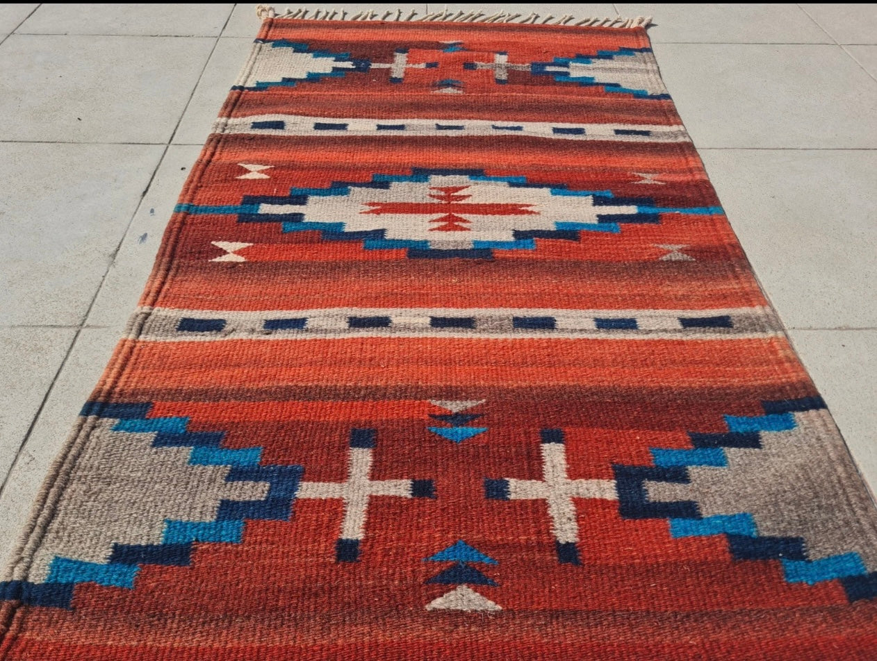 Rare Hand Knotted Vintage South American Kilim Kilm Wool Area Rug 3.3 x 1.10 Ft