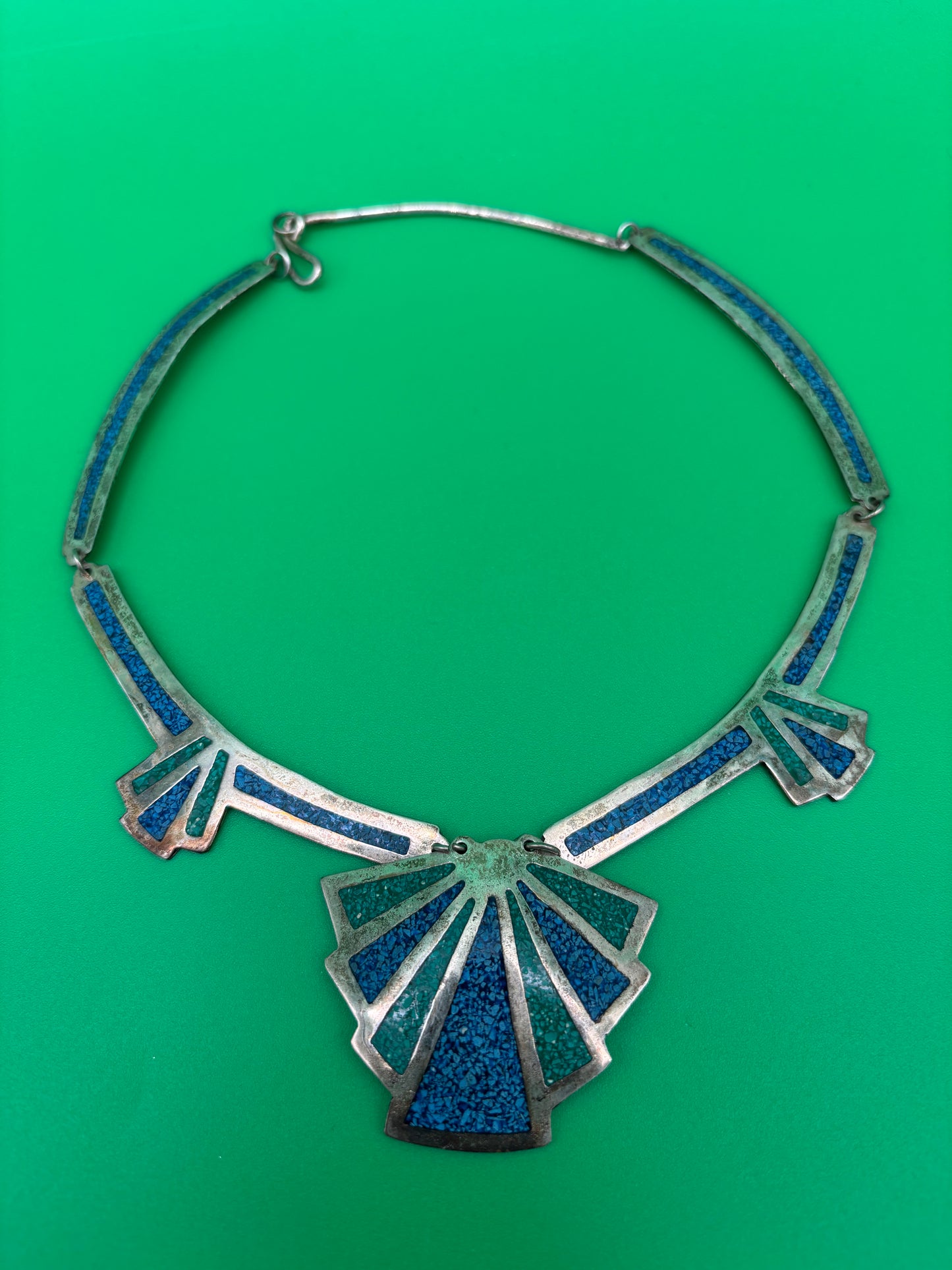 Vintage Signed Alpaca Mexico Blue and Green Glass Mosaic Fan Necklace