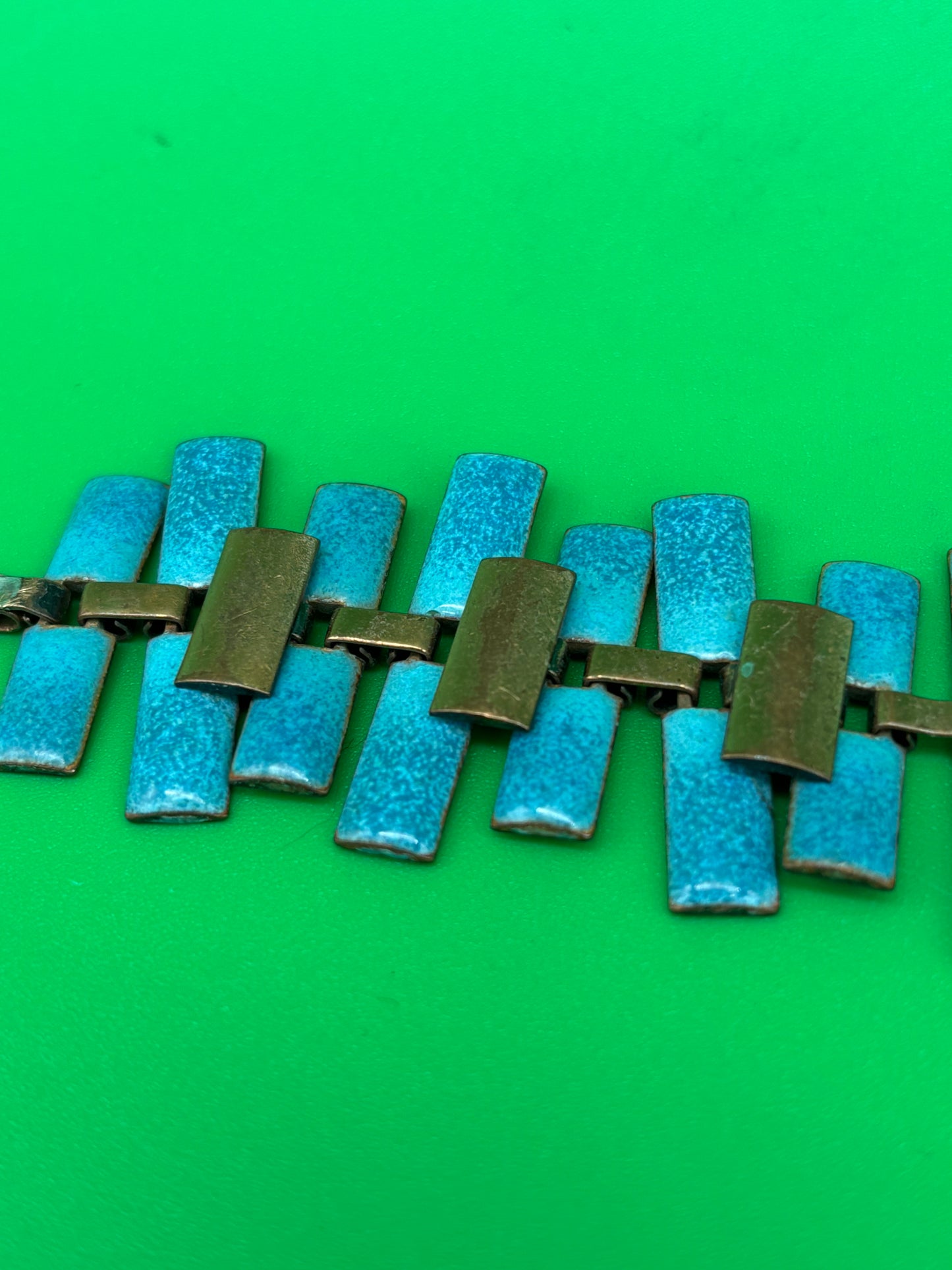 Vintage Estate MCM High End Enameled Copper 23.5” Modernist Statement Necklace Blue, G27504