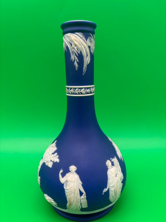 Antique Wedgwood Dark Blue Jasperware Barber Bottle Vase Classical Muses Relief England