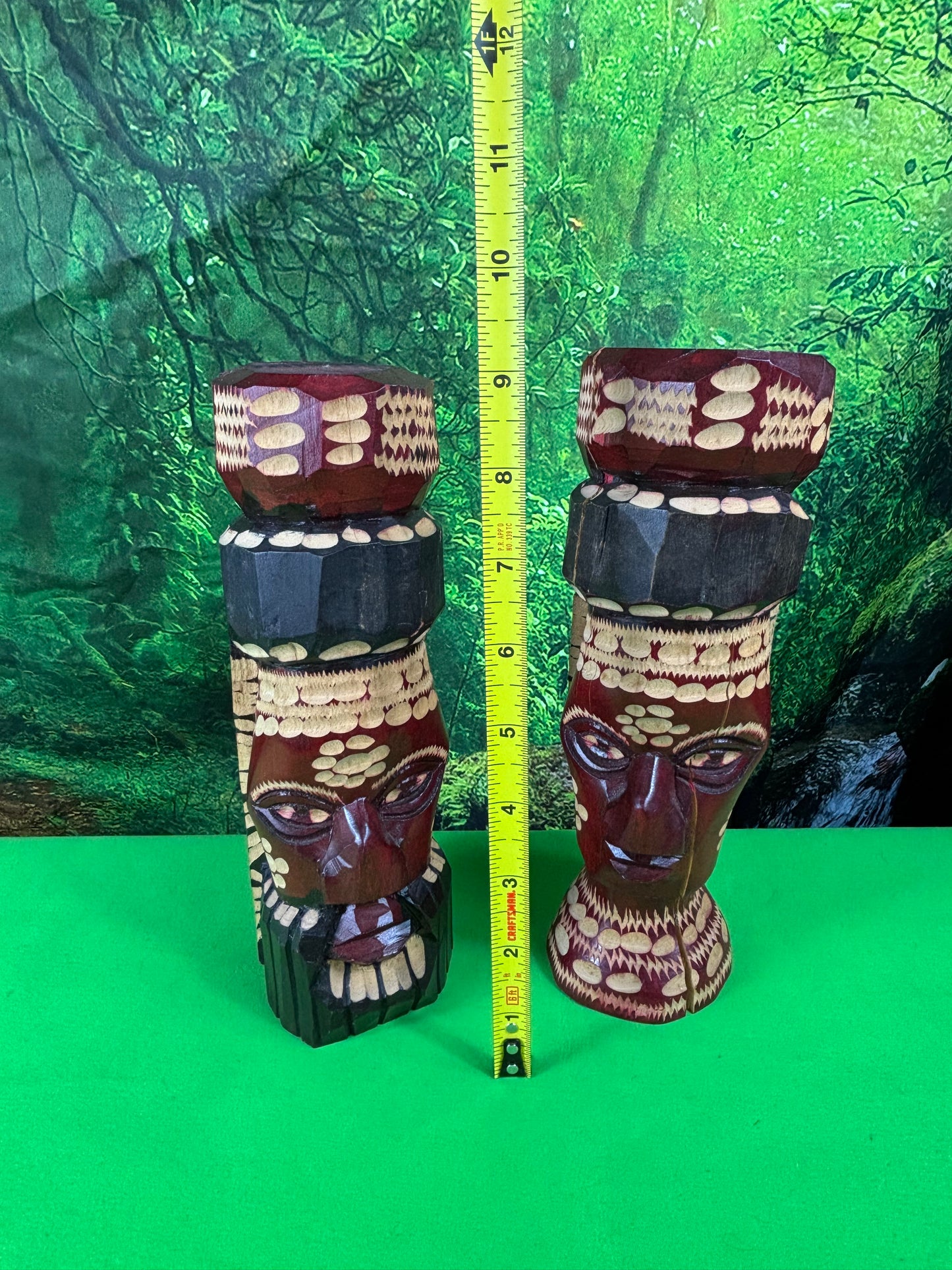 Genuine Hand Carved Jamaican Wooden Tiki Totem Head Figurines Tiki Décor Pair