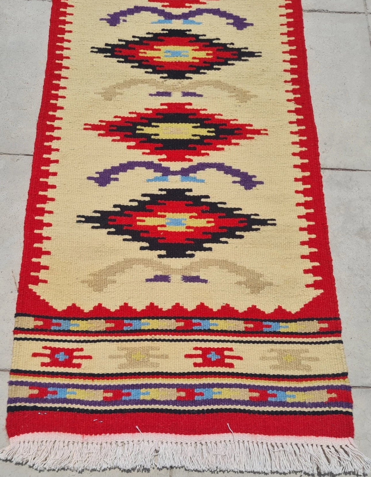 Vintage Southwestern Wool Runner Rug Navajo Style Handwoven Red Cream Tribal Hallway Rug 3.3’ x 1.4’