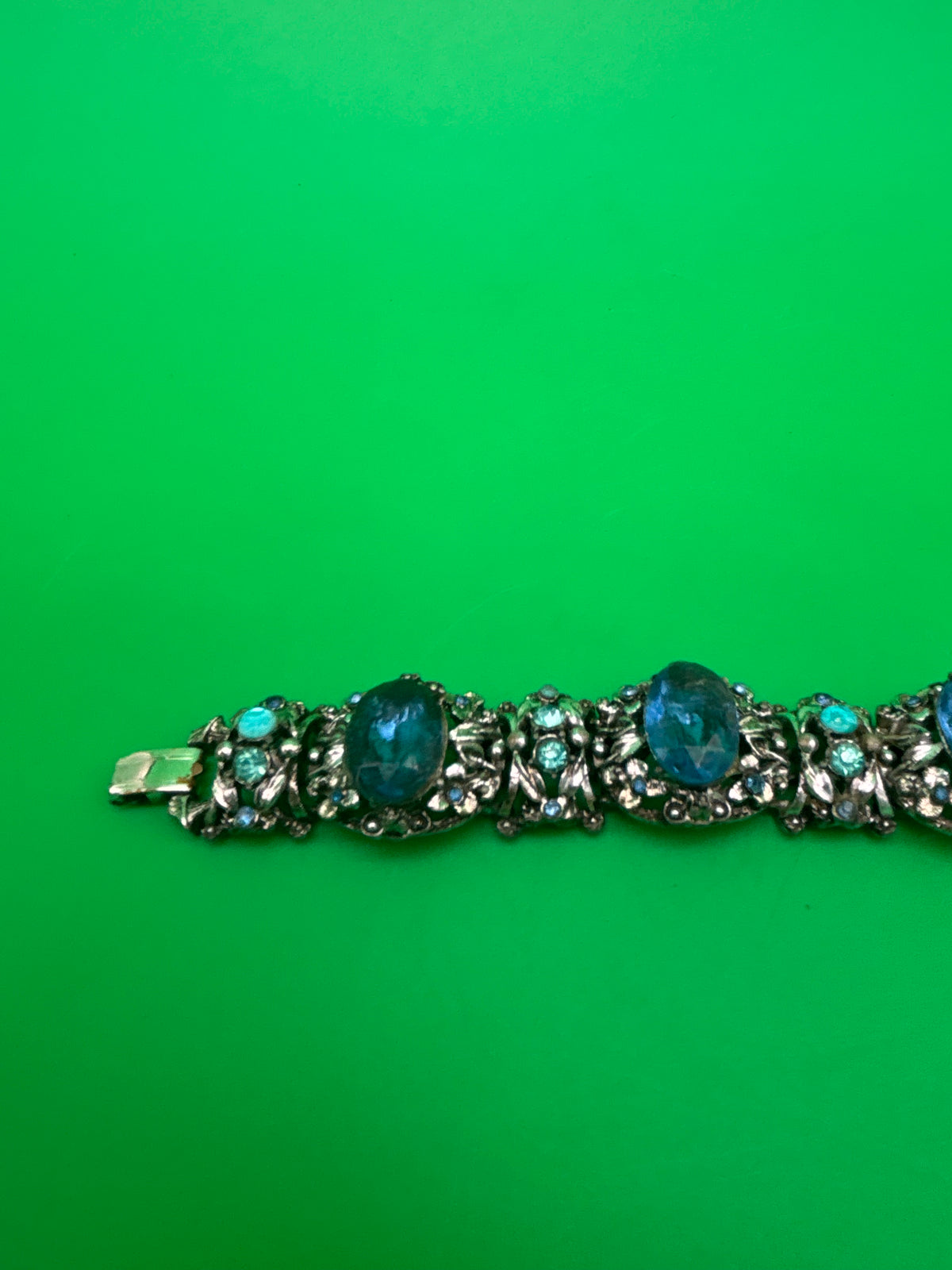 Vintage Unsigned Selro / Selini Style Blue Glass Rhinestone Statement Bracelet