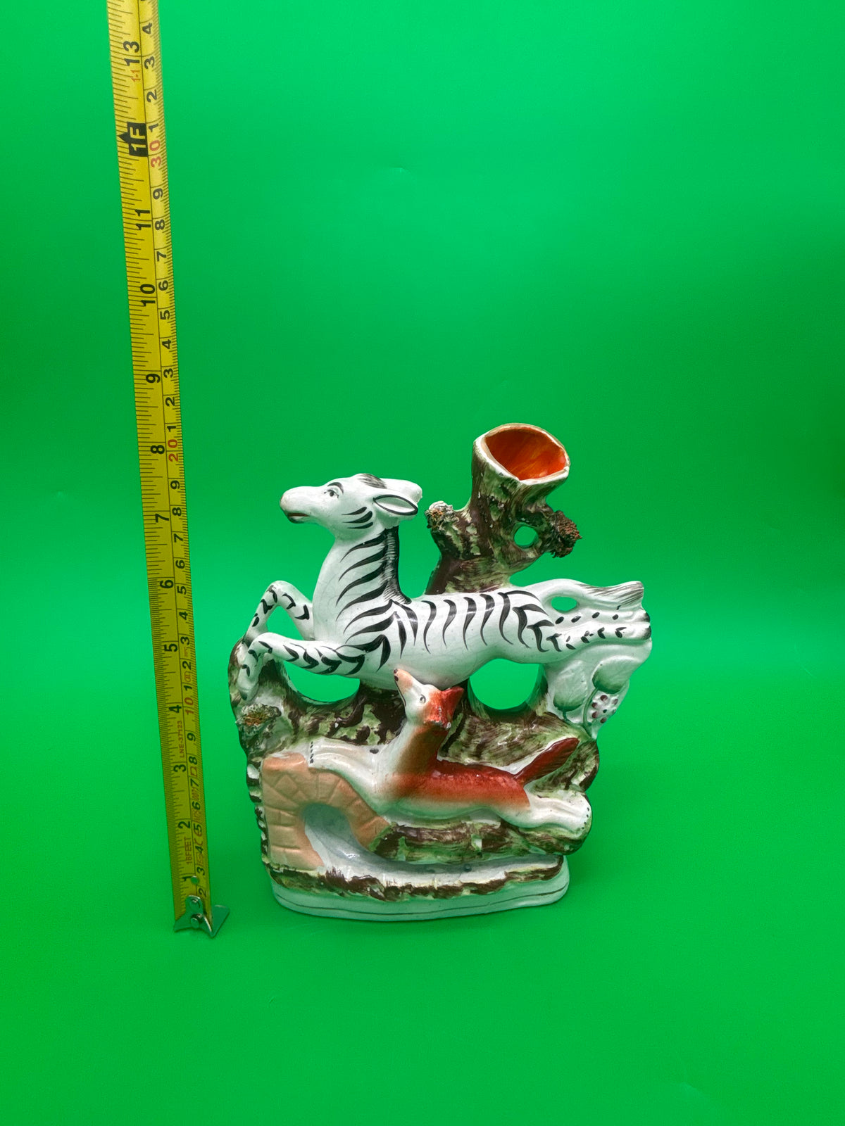 Antique Staffordshire Zebra Fox Spill Vase Victorian c1860 Pottery 8”
