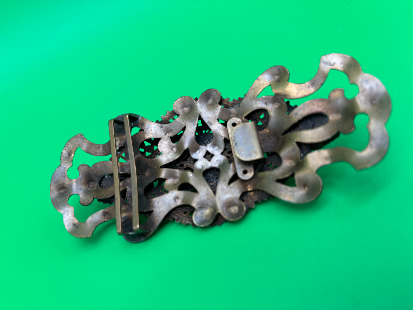 Vintage Art Nouveau Filigree Sash Pin Brooch Pink Marbled Glass Cabochons Antique Style