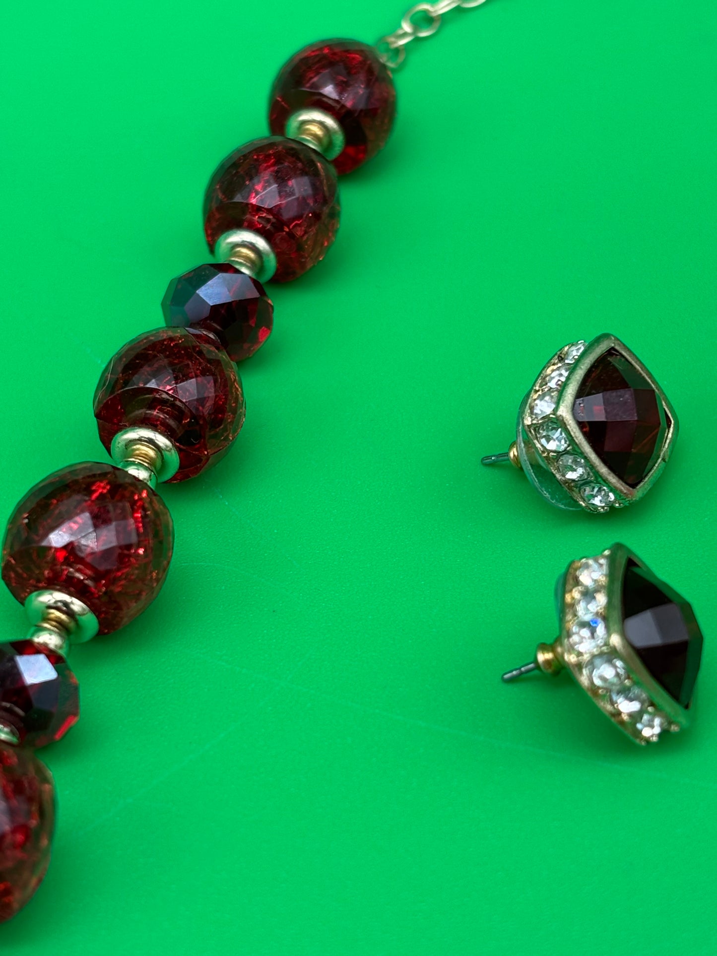 Vintage Signed Napier Deep Red Faceted Bead Necklace & Earring Set