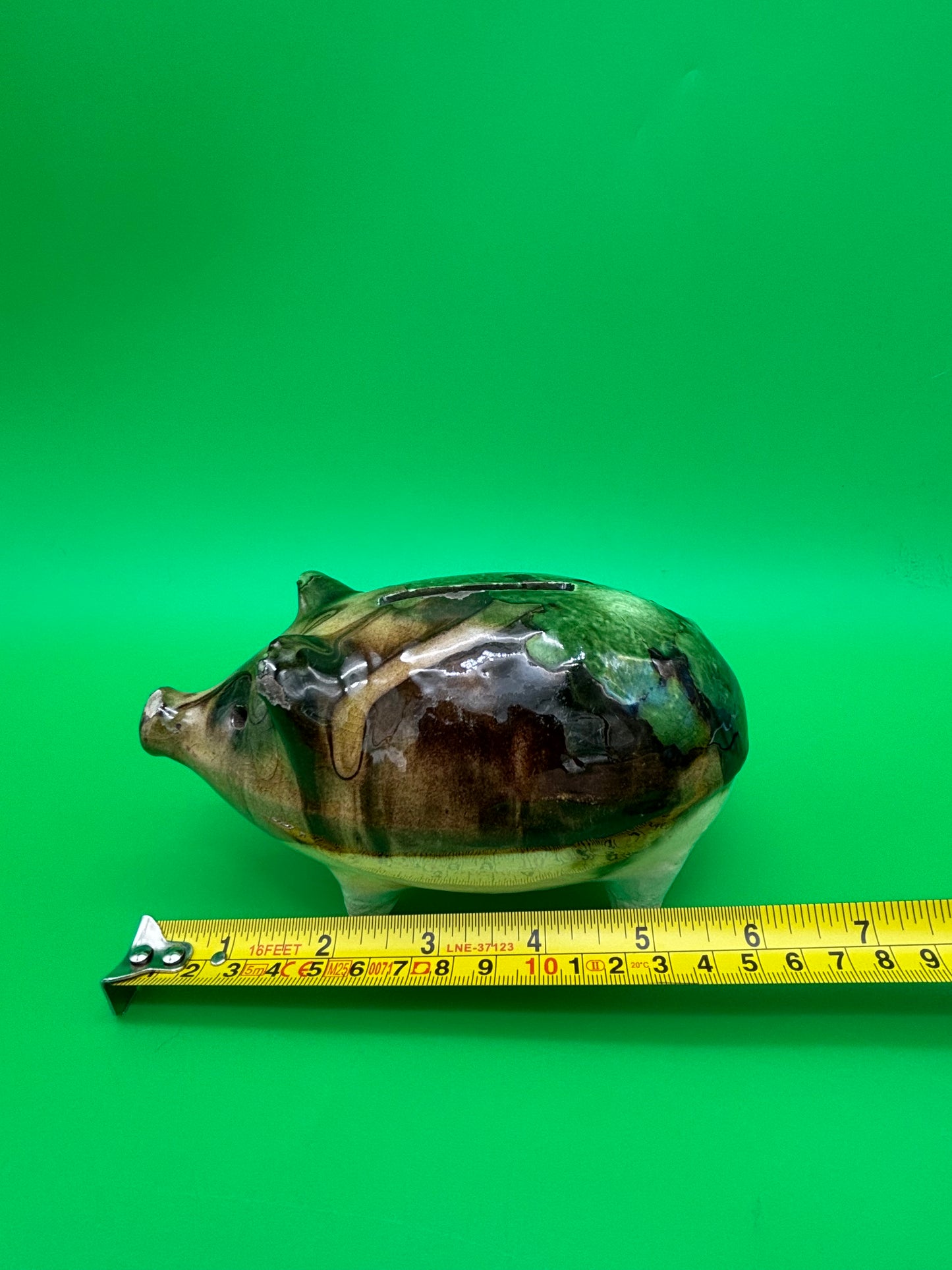 Antique Yellowware Piggy Bank Green Drip Glaze Hole Eyes Pottery Still Bank 6.5”