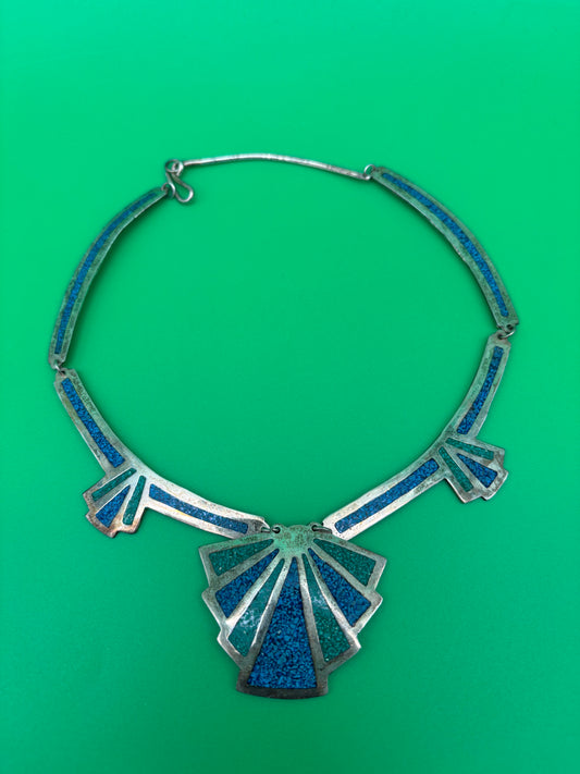 Vintage Signed Alpaca Mexico Blue and Green Glass Mosaic Fan Necklace