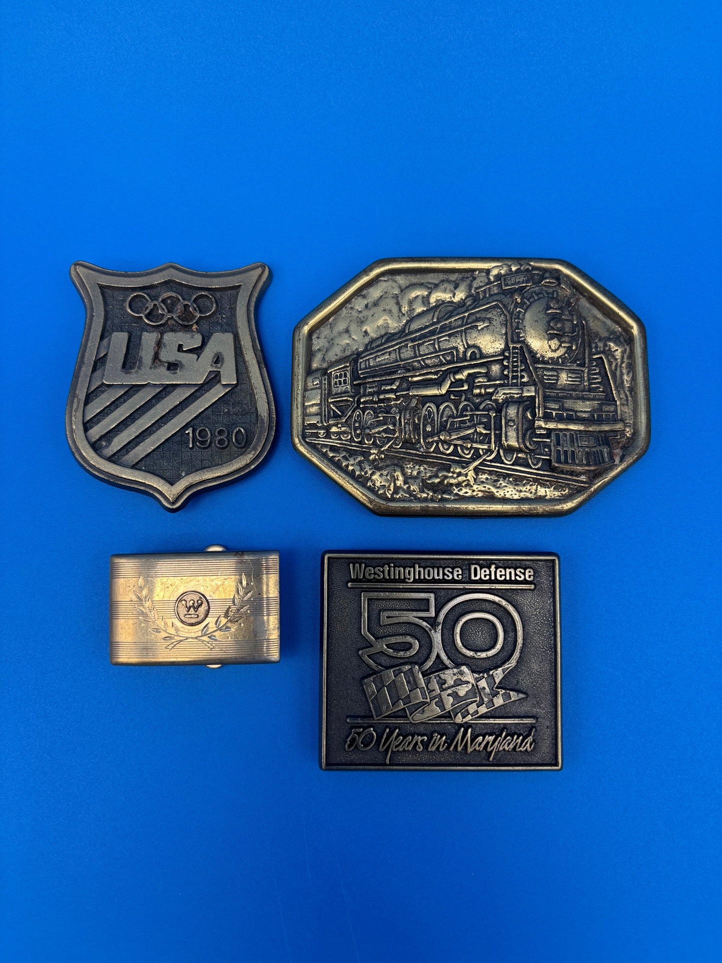 Vintage Belt Buckle & Money Clip Lot Avon Train USA Olympics Westinghouse 4 Pc
