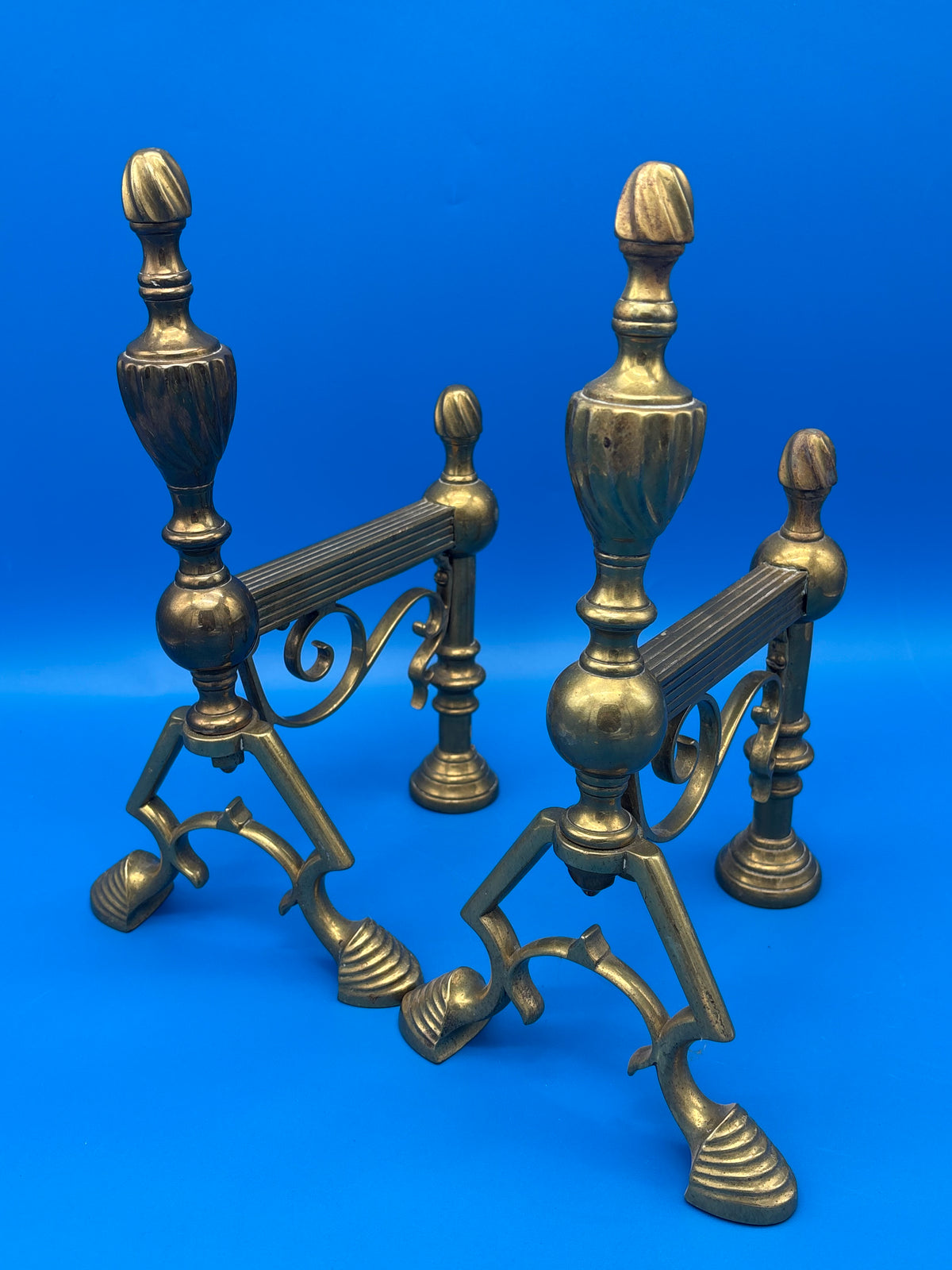 Vintage Brass Fireplace Andirons / Fire Dogs – Matching Pair