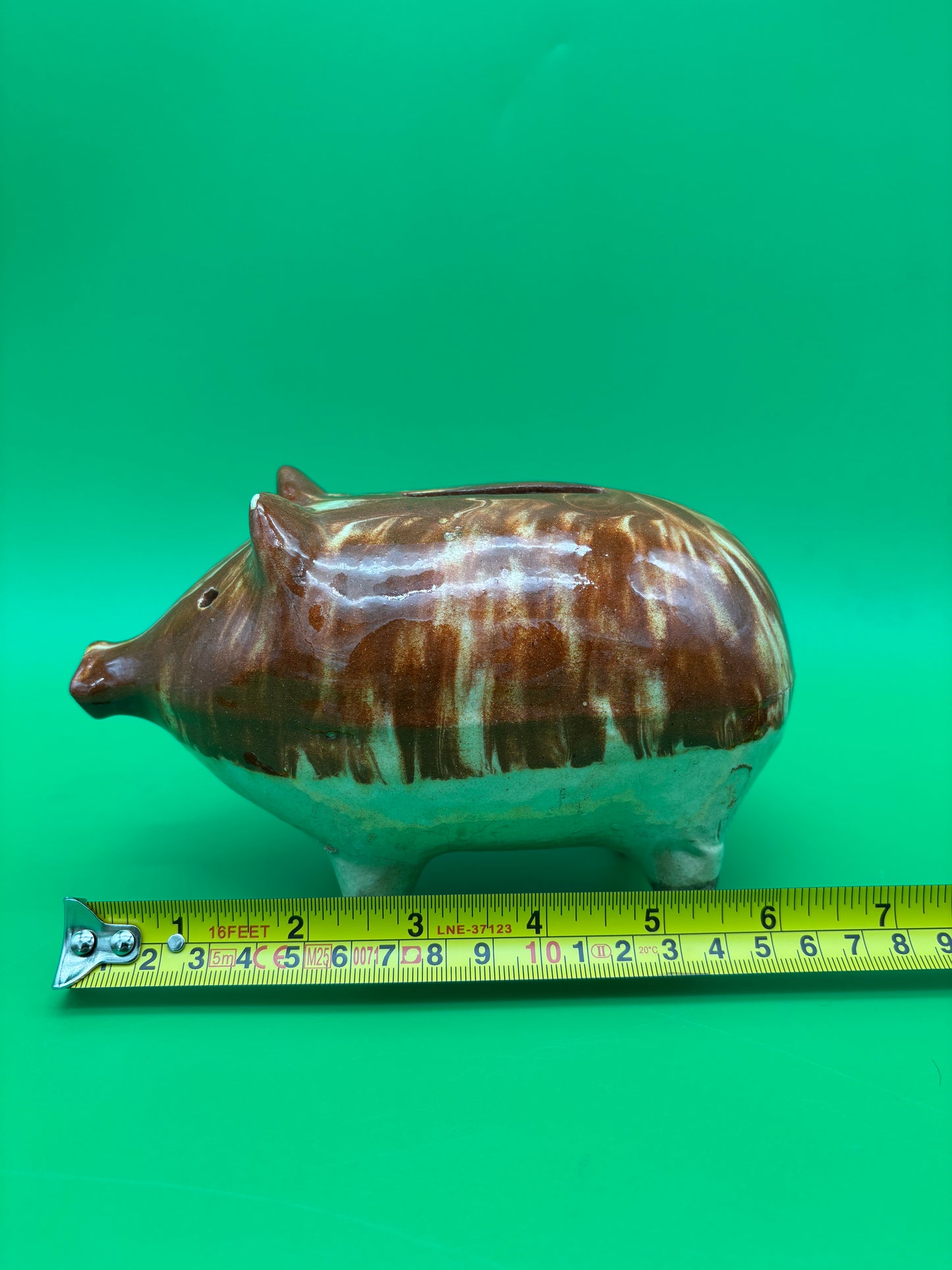 Antique Vintage Yellowware Piggy Bank Stoneware Mocha Drip Glaze Hole Eyes