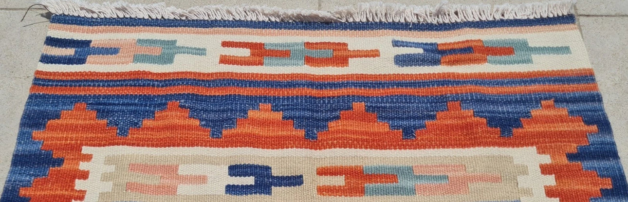 Vintage Hand Knotted Shiraz Kilim Wool Area Rug 2.9 x 2.1 Ft Blue Orange Persian Style