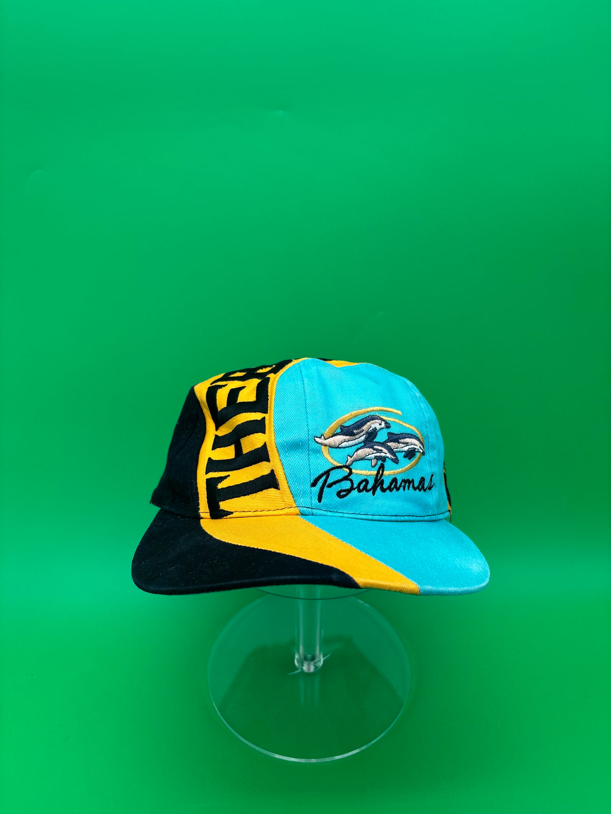 Vintage Bahamas Dolphin Hat Cap Teal Yellow Black Embroidered Spellout 100% Cotton