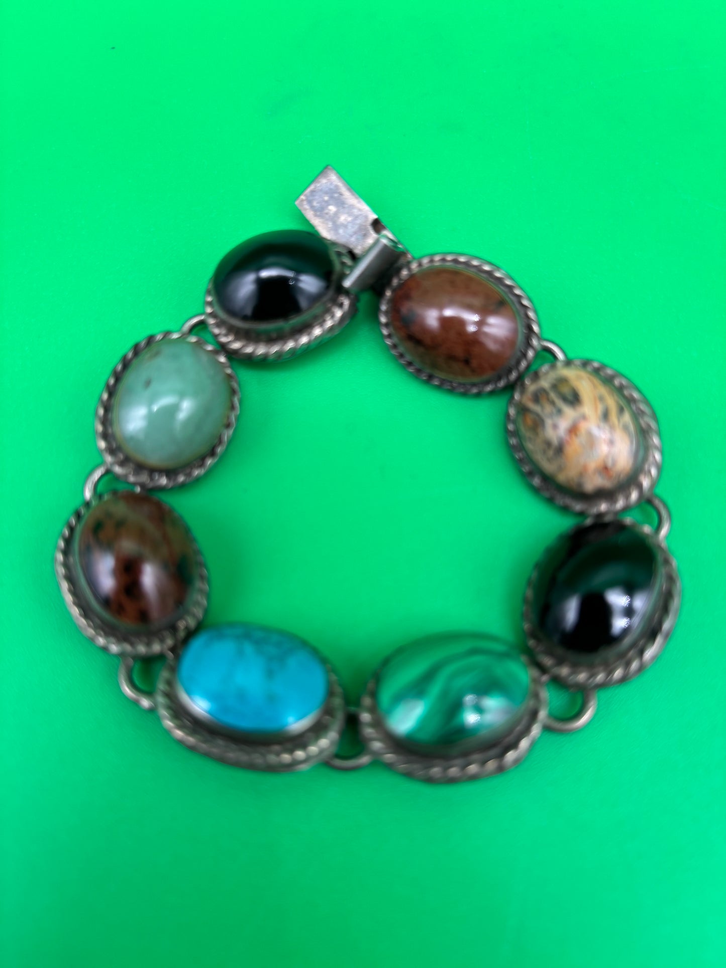 Vintage Taxco Mexico Sterling Silver Multi Stone Bracelet 925 TA-95 58g