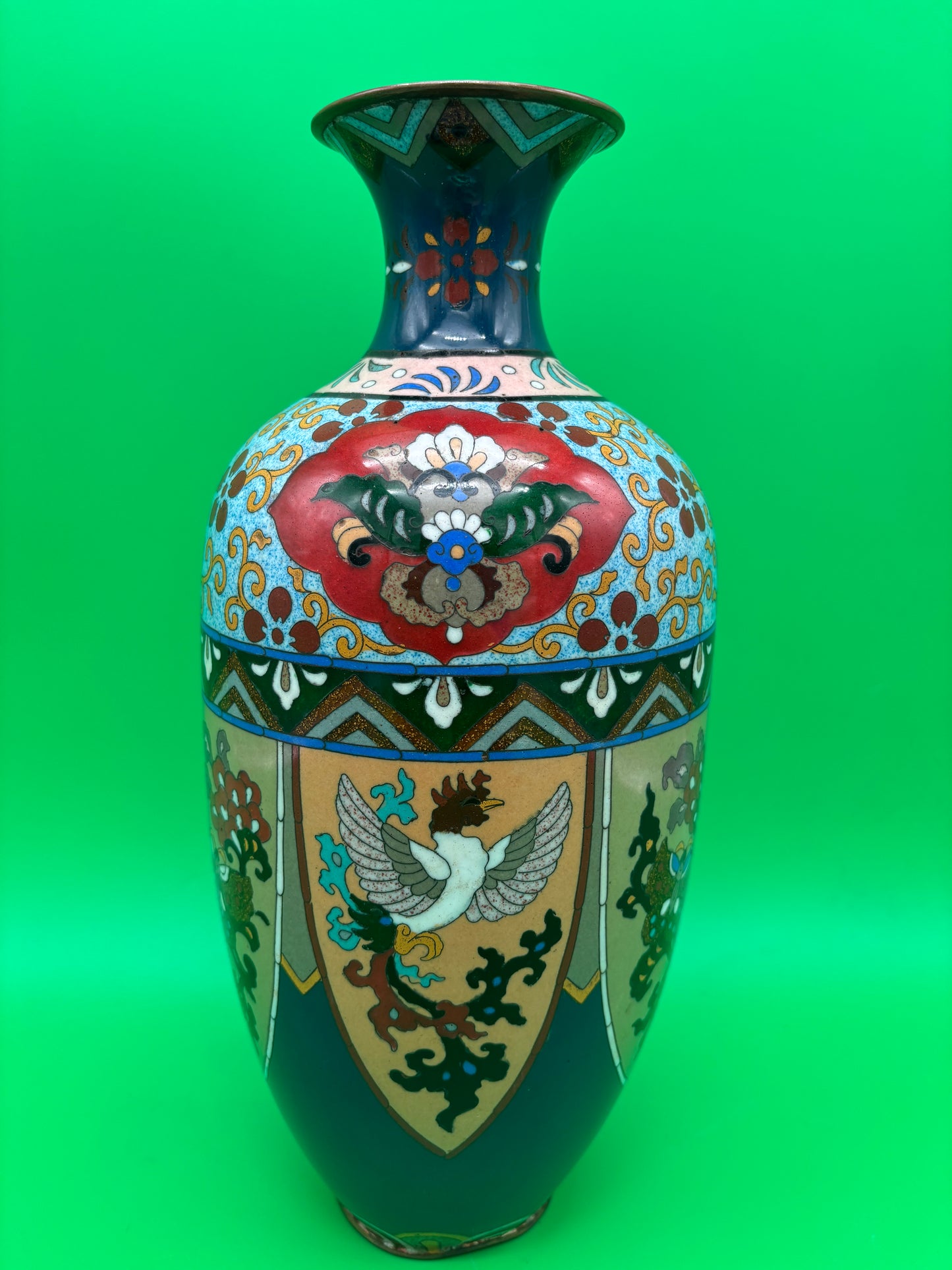 Large Antique Meiji Japanese Cloisonne Dragon Ho-o Phoenix Shield Vase 11.75”