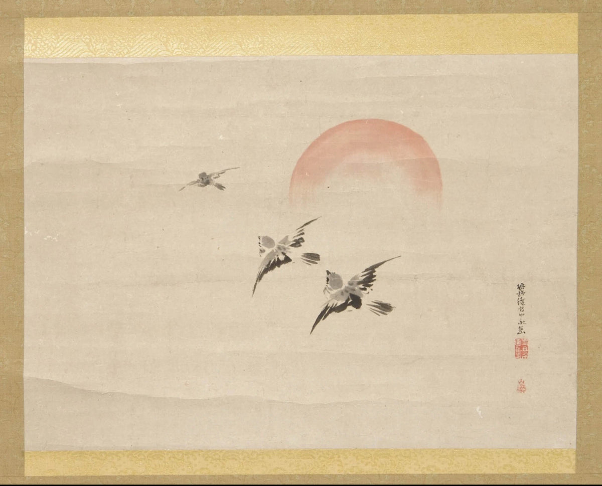 Kano Eigaku Japanese Edo Hanging Scroll Sparrows Morning Sun Signed Sealed Box