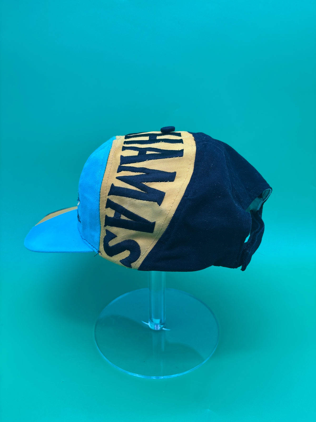 Vintage Bahamas Dolphin Hat Cap Teal Yellow Black Embroidered Spellout 100% Cotton