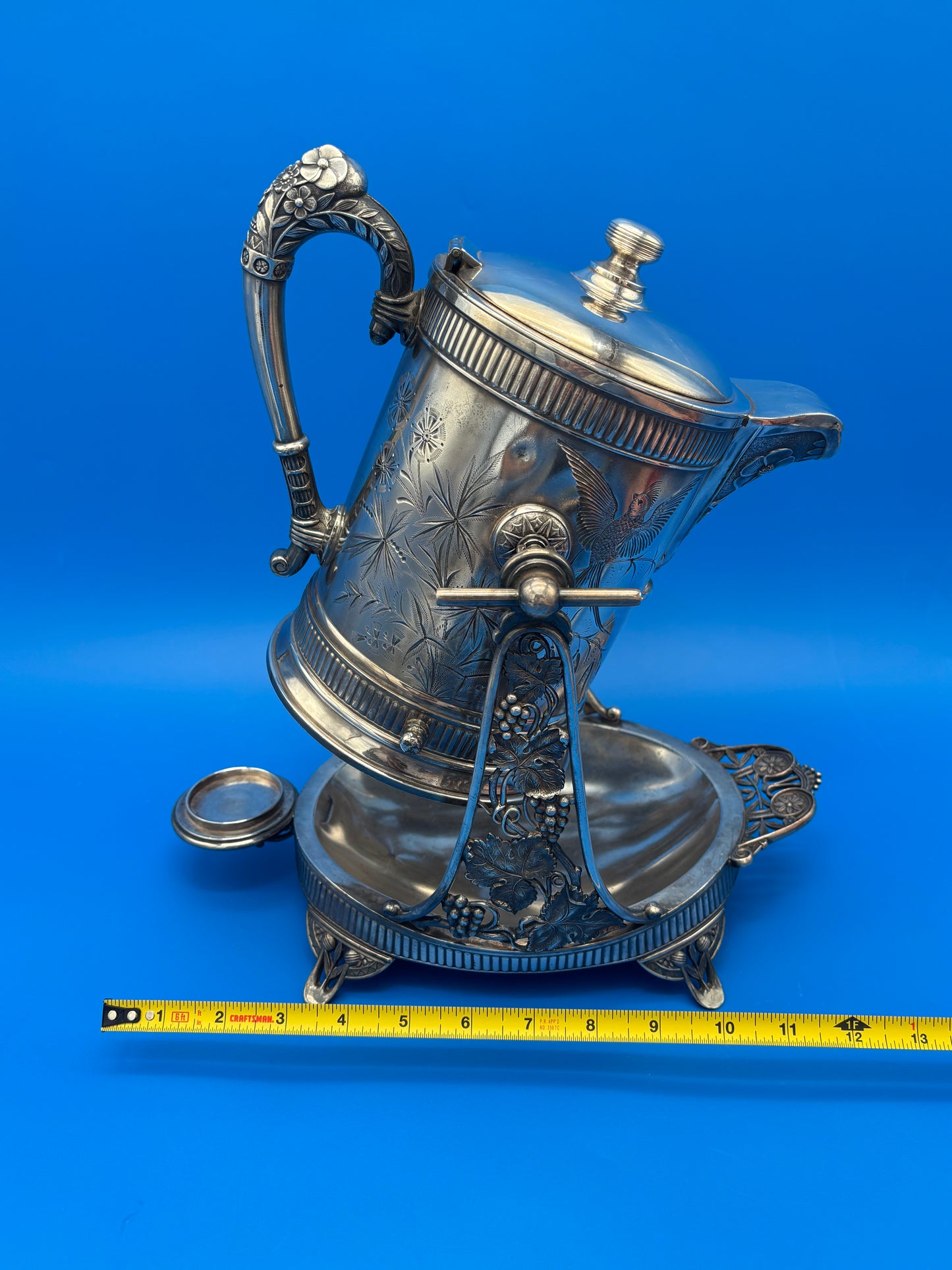Antique Pairpoint Quadruple Plate Victorian Tilting Ice Water Pitcher & Stand Bird Grape 1826½