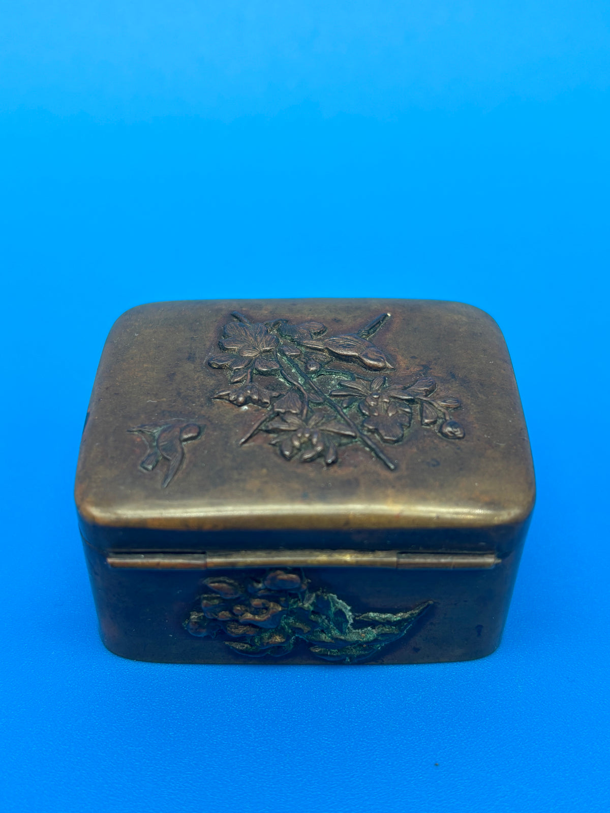 Antique Japanese Meiji Mixed Metal Bronze Brass Trinket Box Bird Flowers