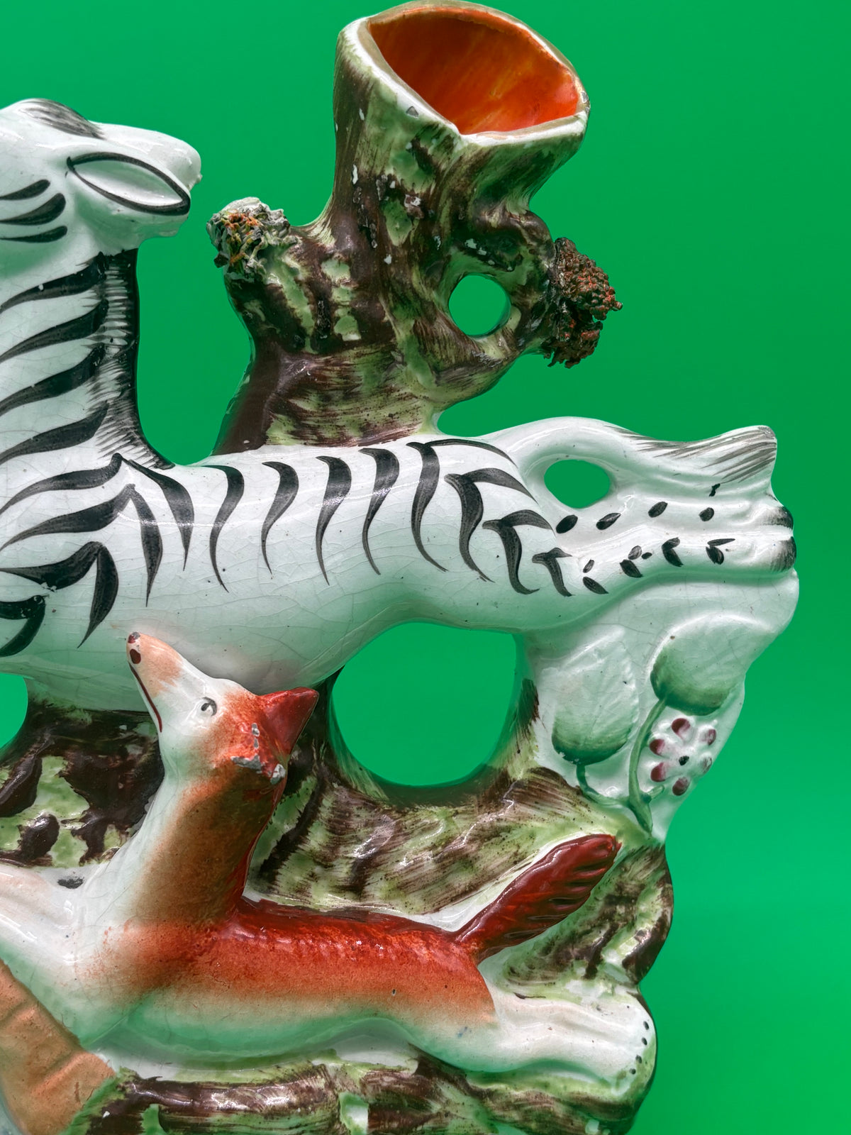 Antique Staffordshire Zebra Fox Spill Vase Victorian c1860 Pottery 8”