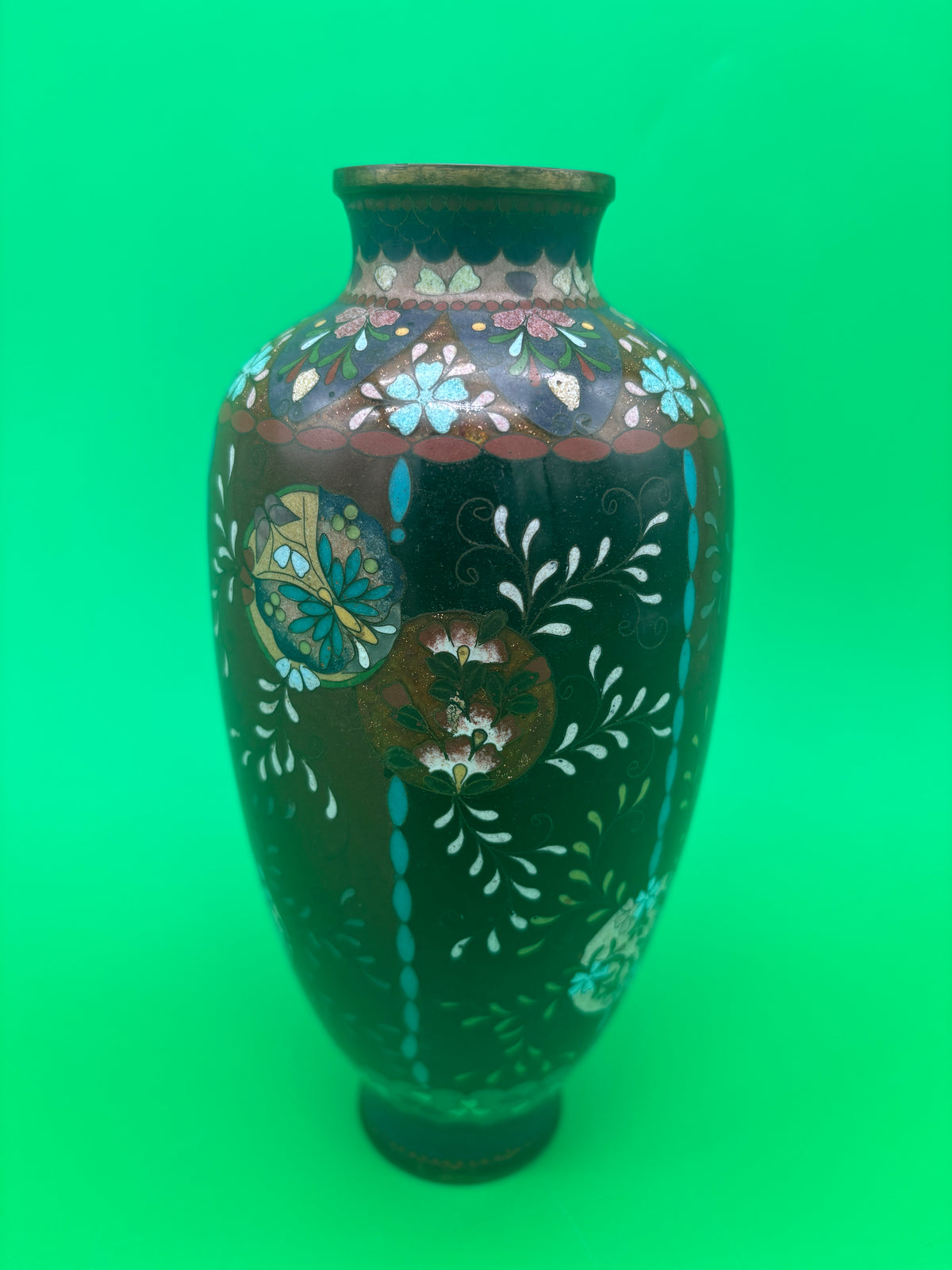 Antique Japanese Cloisonne Vase Meiji Floral Enamel Brown Ground 8” Unmarked