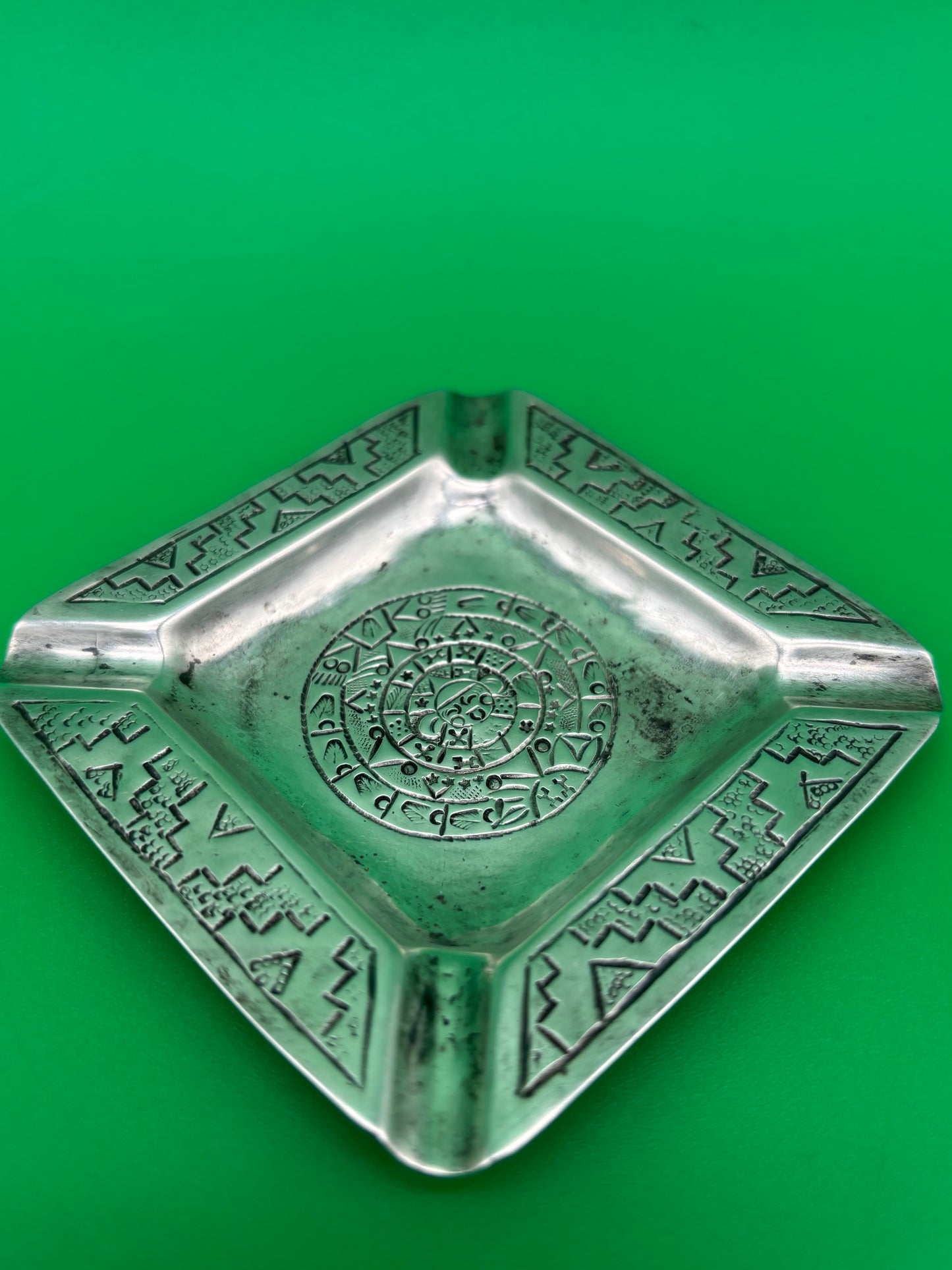 Vintage Mexico 900 Silver Ashtray Aztec Calendar Stamped Design 38g 3.25”