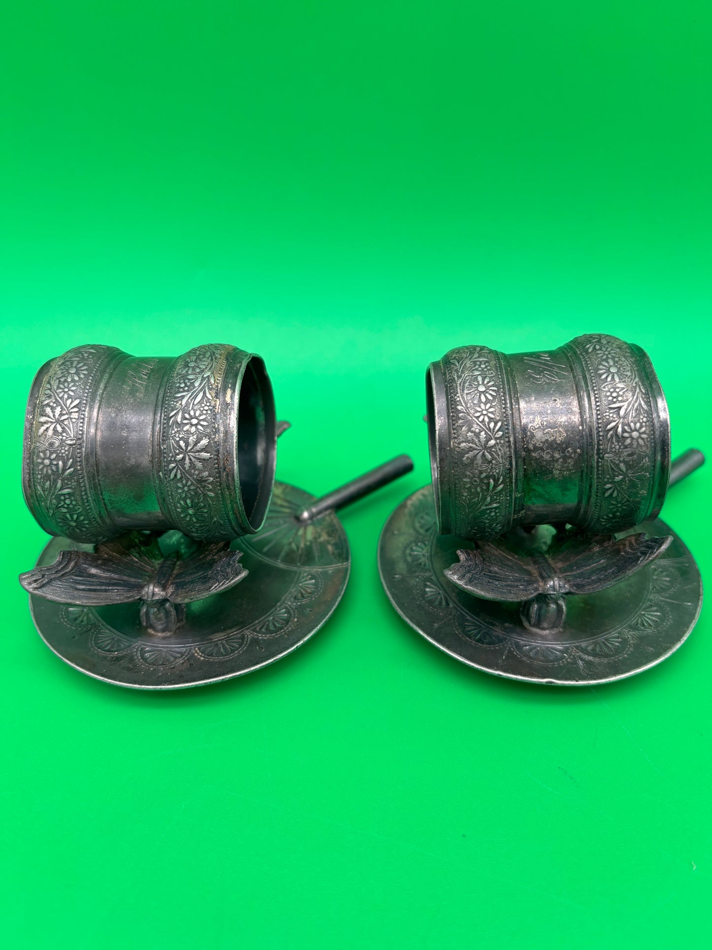 Antique Victorian Silverplate Figural Butterfly Napkin Rings Pair Art Nouveau