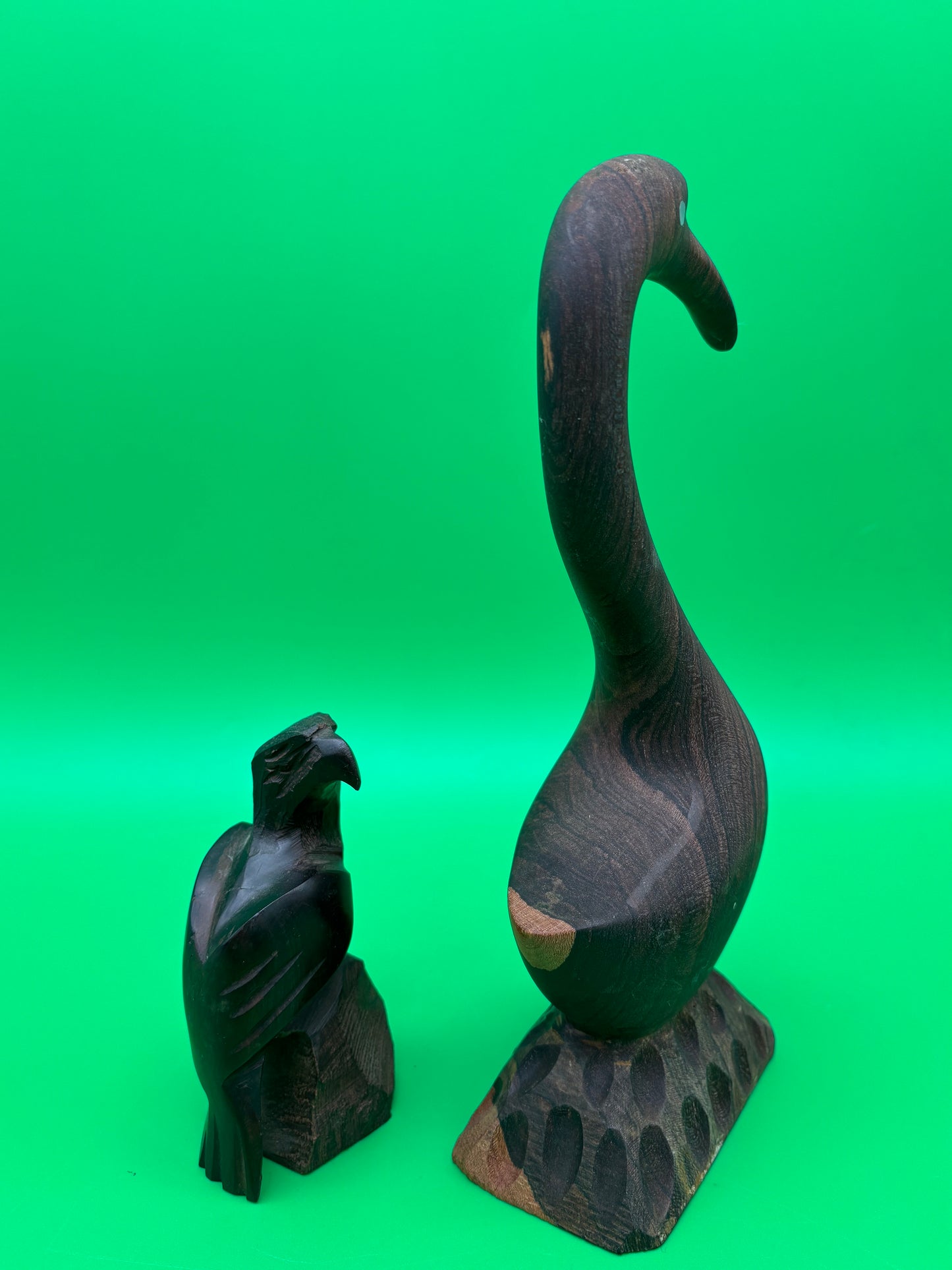 Vintage Carved Ironwood Bird Sculptures Lot of 2 Heron Eagle Folk Art MCM