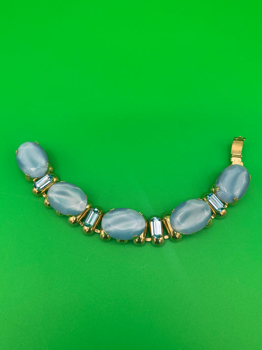 Vtg Baby Blue Rhinestone Link Goldtone Bracelet 7” Statement Costume Jewelry