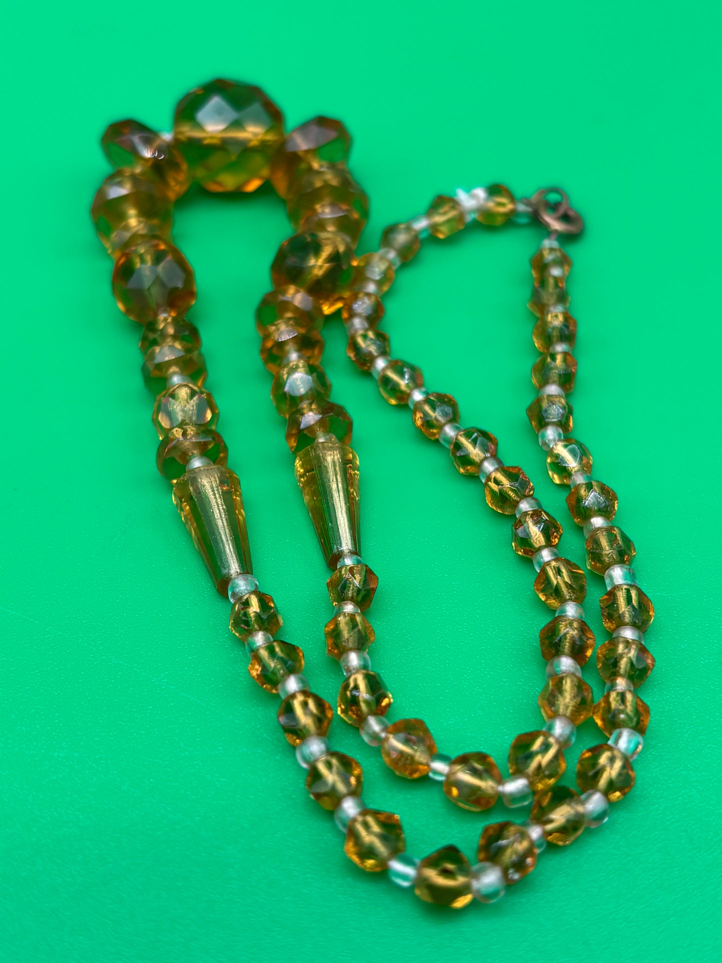 Vintage Amber Topaz Faceted Glass Bead Necklace Graduated Estate Jewelry 16”
