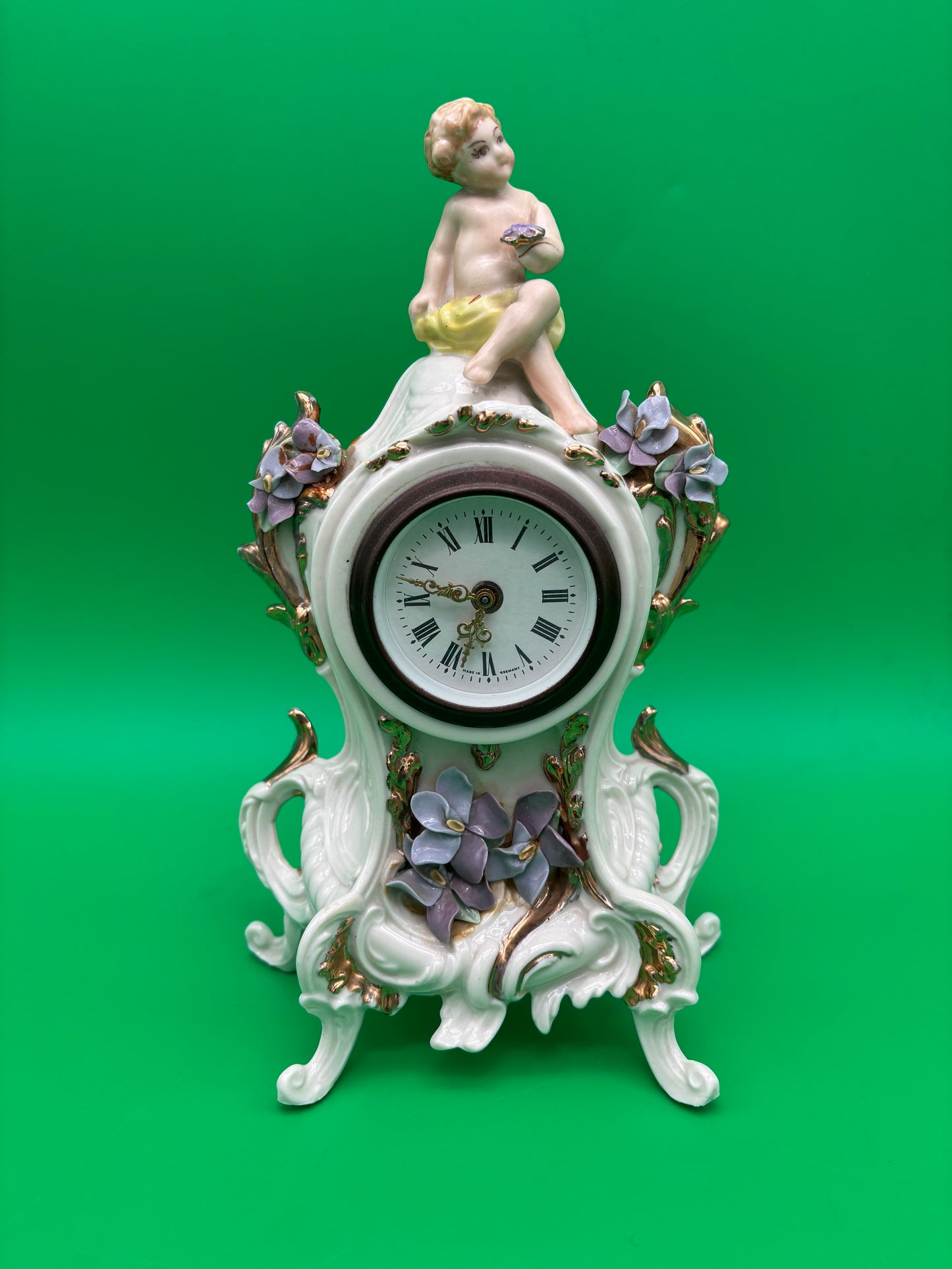 Vintage Louis Pierlot German Porcelain Mantel Clock w/ Cherub – 10” Wind Up