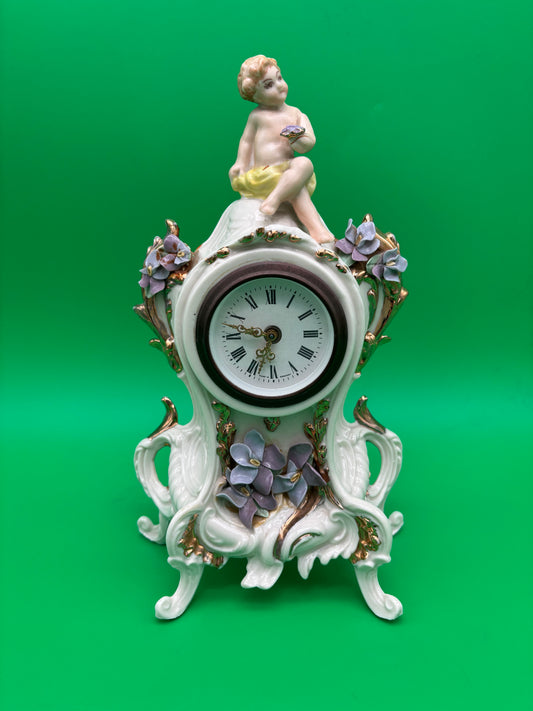 Vintage Louis Pierlot German Porcelain Mantel Clock w/ Cherub – 10” Wind Up